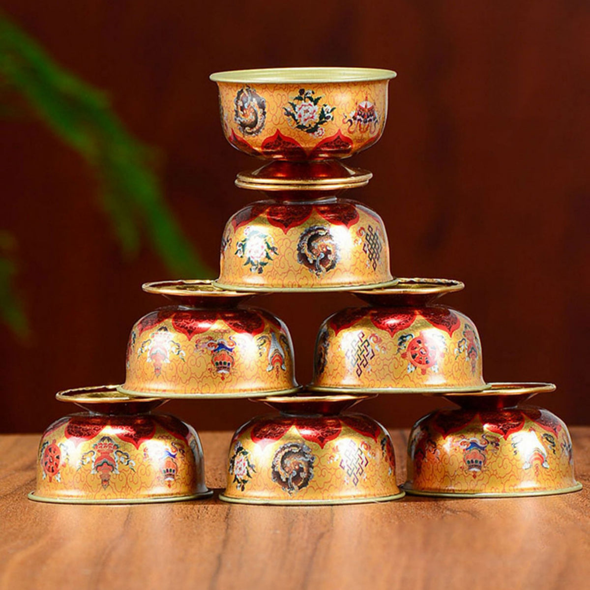 Hand-Painted Tibetan Brass Water Offering Bowls – Set of 7