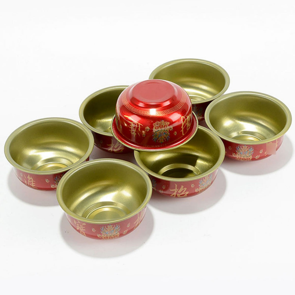 Hand-Painted Tibetan Brass Water Offering Bowls – Set of 7