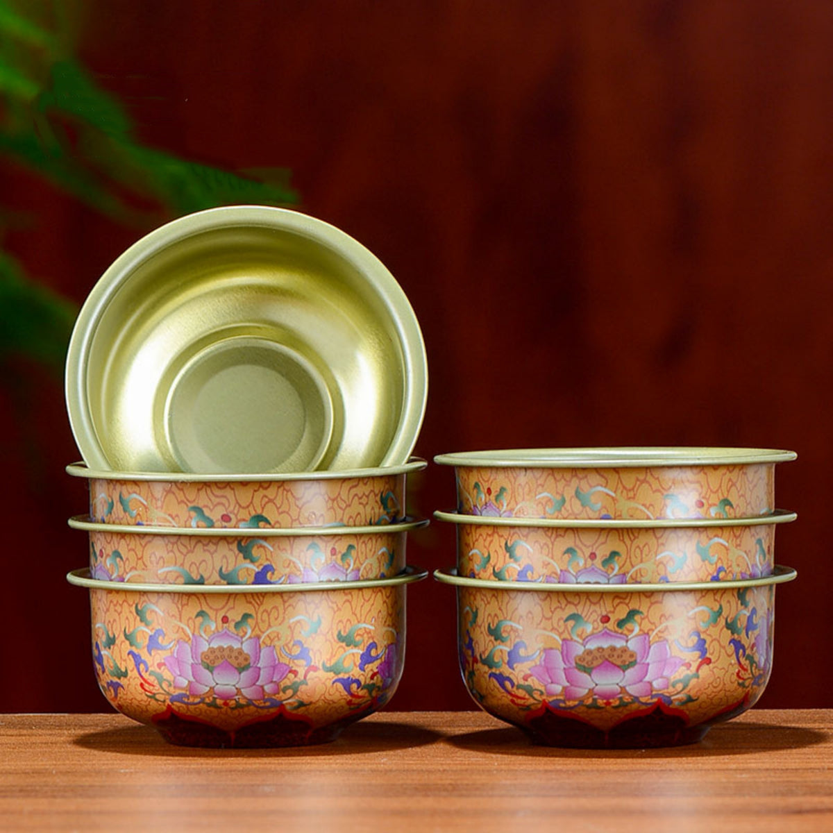 Hand-Painted Tibetan Brass Water Offering Bowls – Set of 7