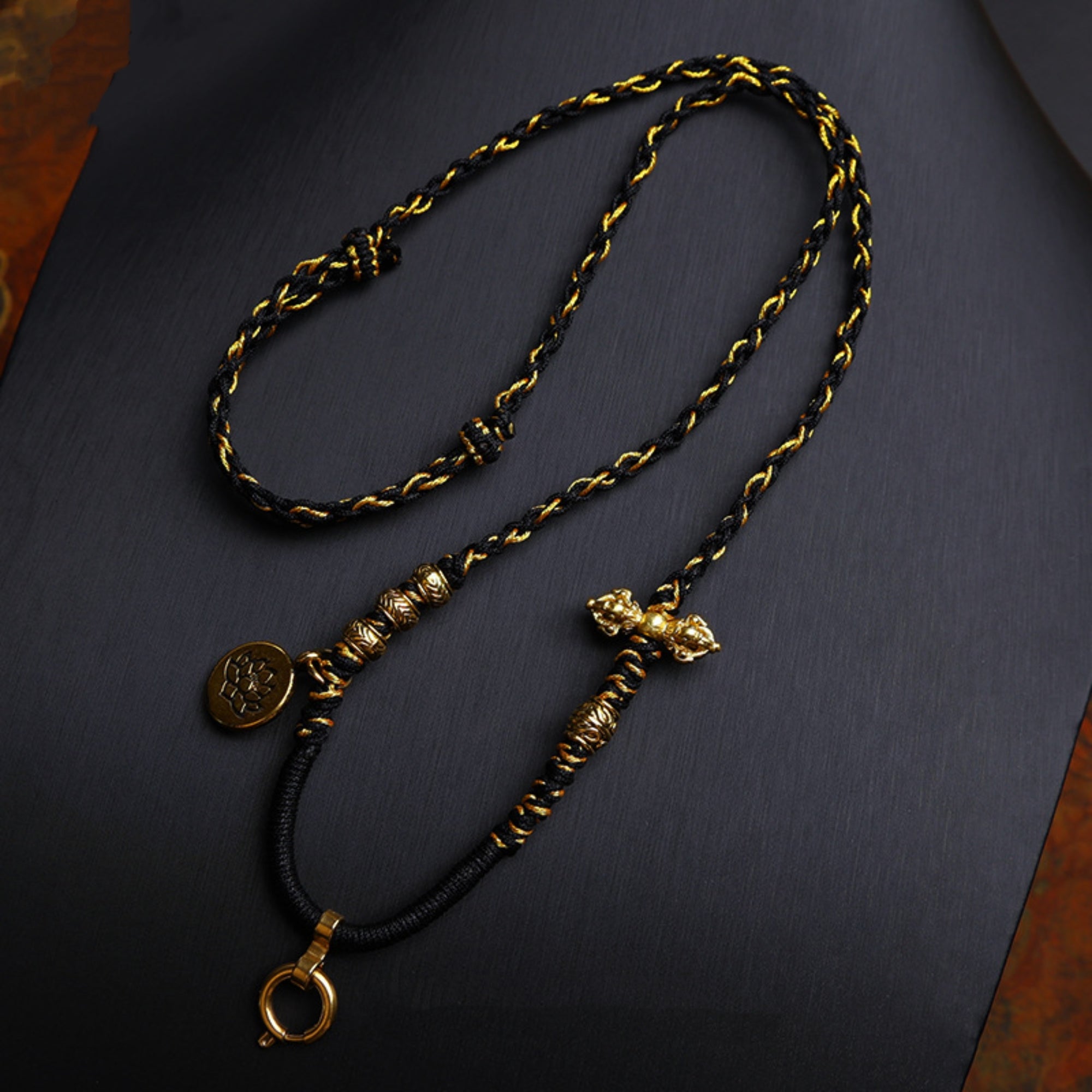 Handcrafted Cotton Cord Thangka Pendant Replacement Chain with Copper Vajra & Lotus Accents