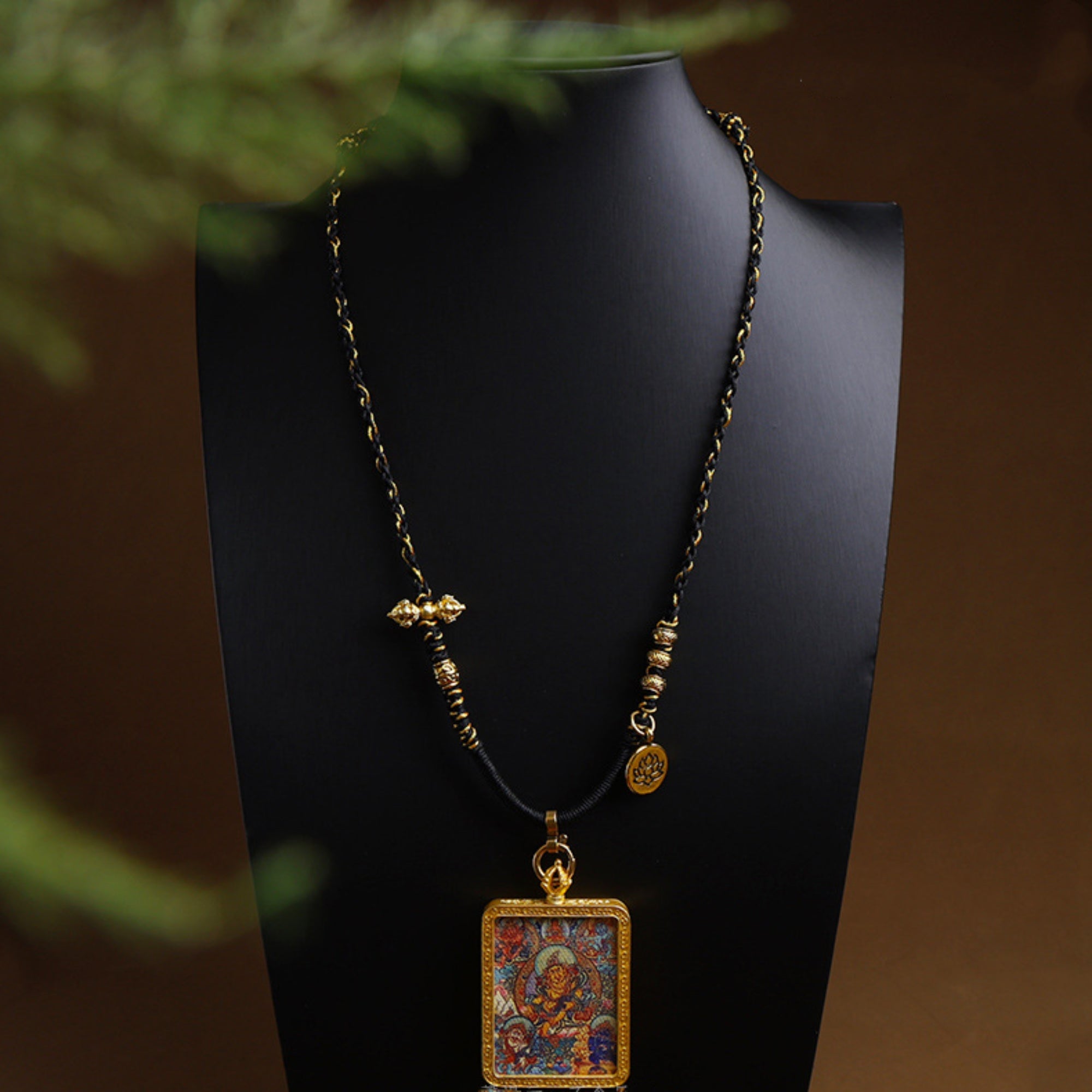Handcrafted Cotton Cord Thangka Pendant Replacement Chain with Copper Vajra & Lotus Accents