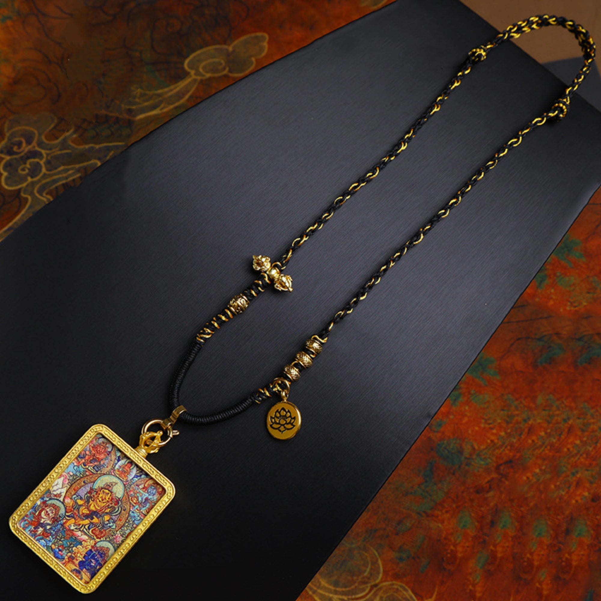 Handcrafted Cotton Cord Thangka Pendant Replacement Chain with Copper Vajra & Lotus Accents