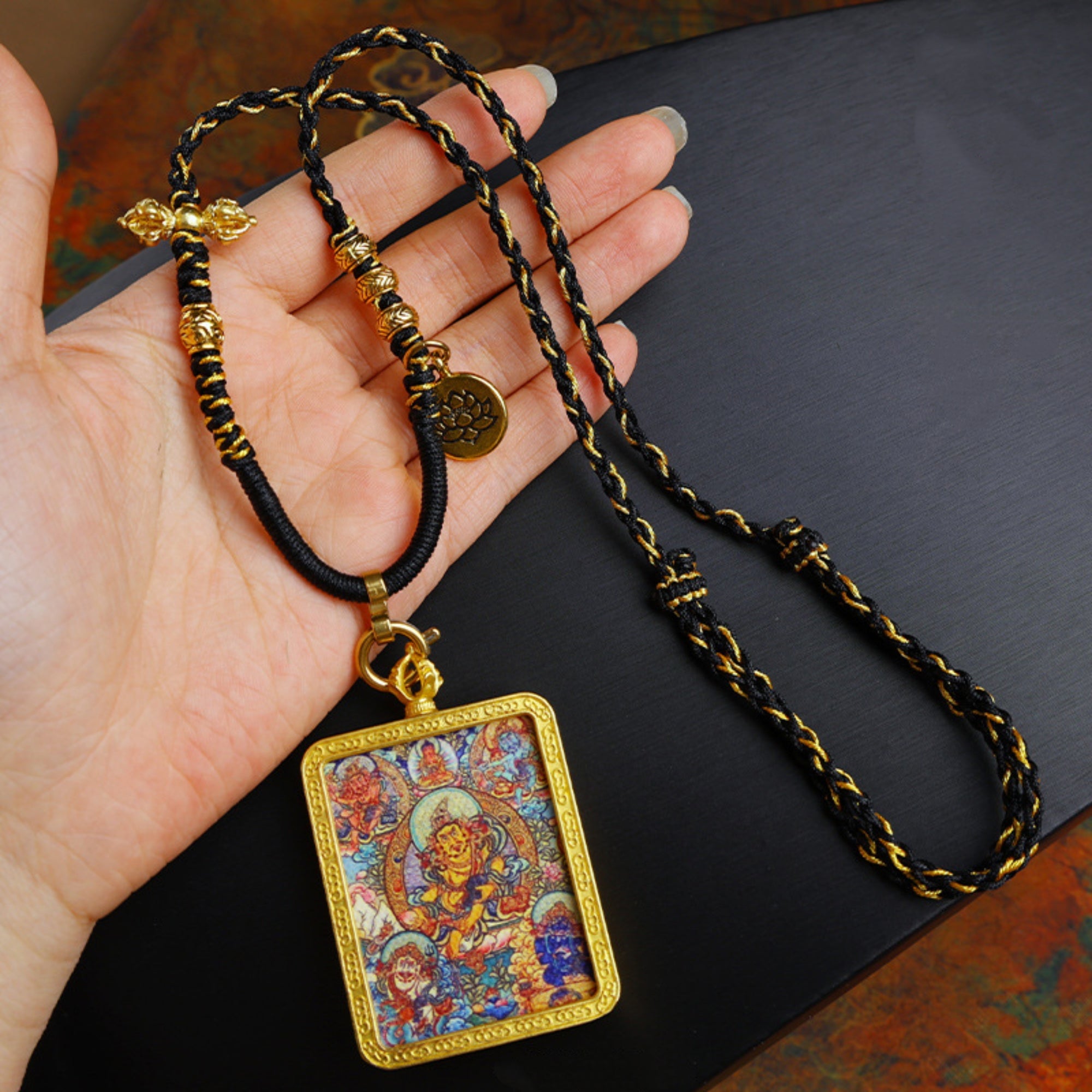 Handcrafted Cotton Cord Thangka Pendant Replacement Chain with Copper Vajra & Lotus Accents