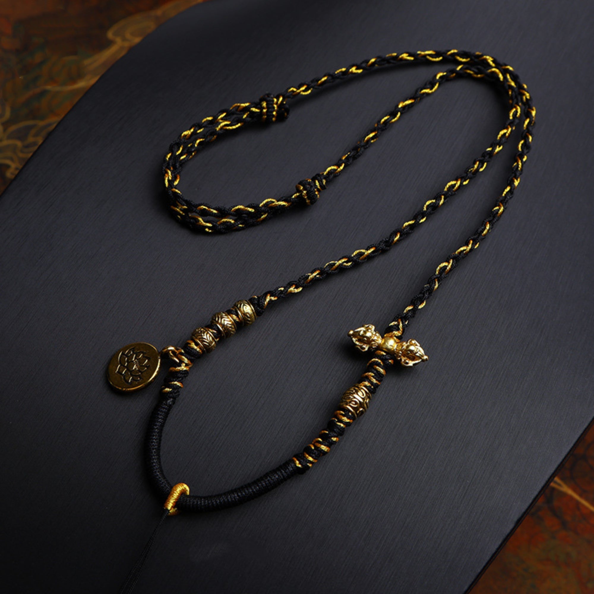Handcrafted Cotton Cord Thangka Pendant Replacement Chain with Copper Vajra & Lotus Accents