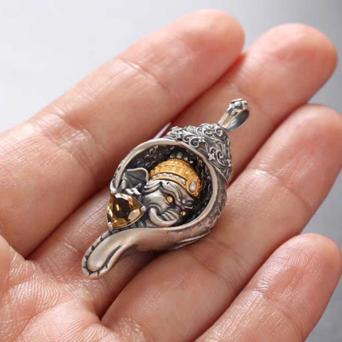 Handcrafted Tibetan 925 Sterling Silver Ganesha Conch Pendant Necklace