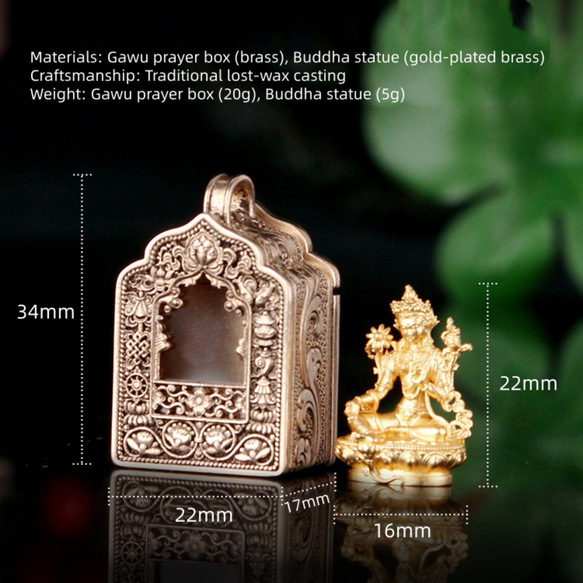 An ornate brass Gawu prayer box shown beside a small gold-plated brass Buddha statue, with overlaid dimensions and text listing materials, craftsmanship, and weights against a dark blurred background.