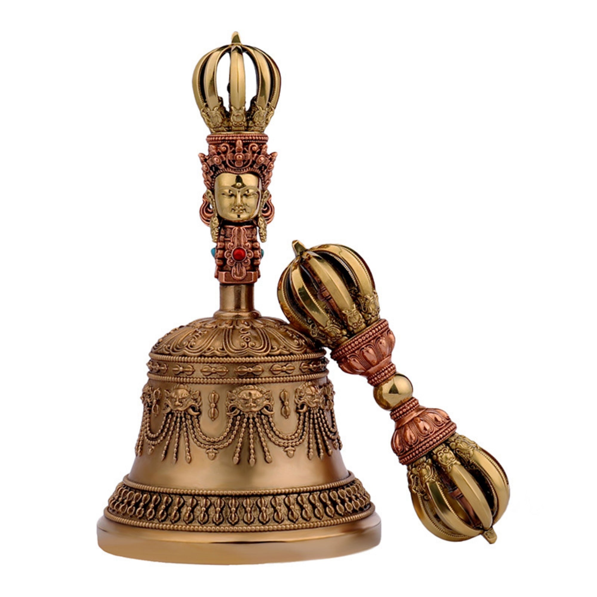 Decorative brass bell with a handle on a white background