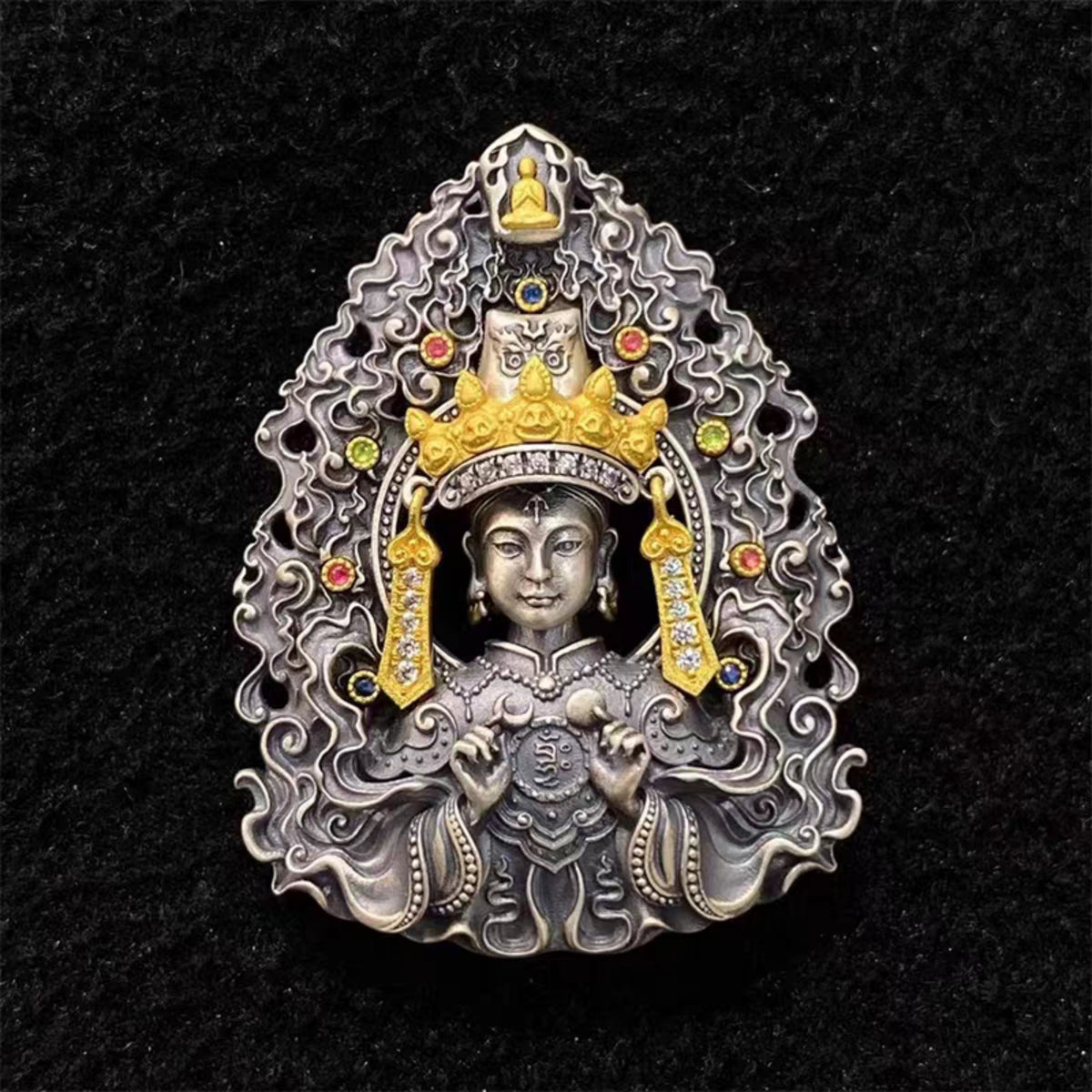 Handcrafted Tibetan Double-Sided Zaki Lhamo Pendant Necklace in 925 Sterling Silver