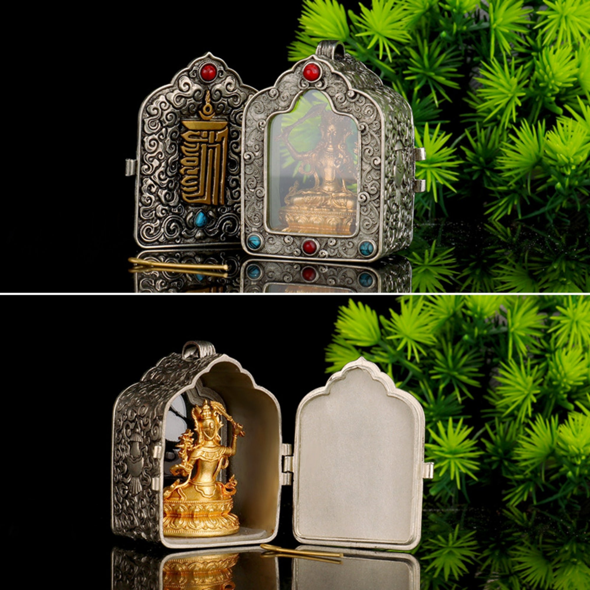 A decorative metal box shown in two views on a black reflective surface with green foliage at the right. The top view shows the closed box from the front, with ornate silver filigree, red and blue gem accents, and a gold-toned emblem.