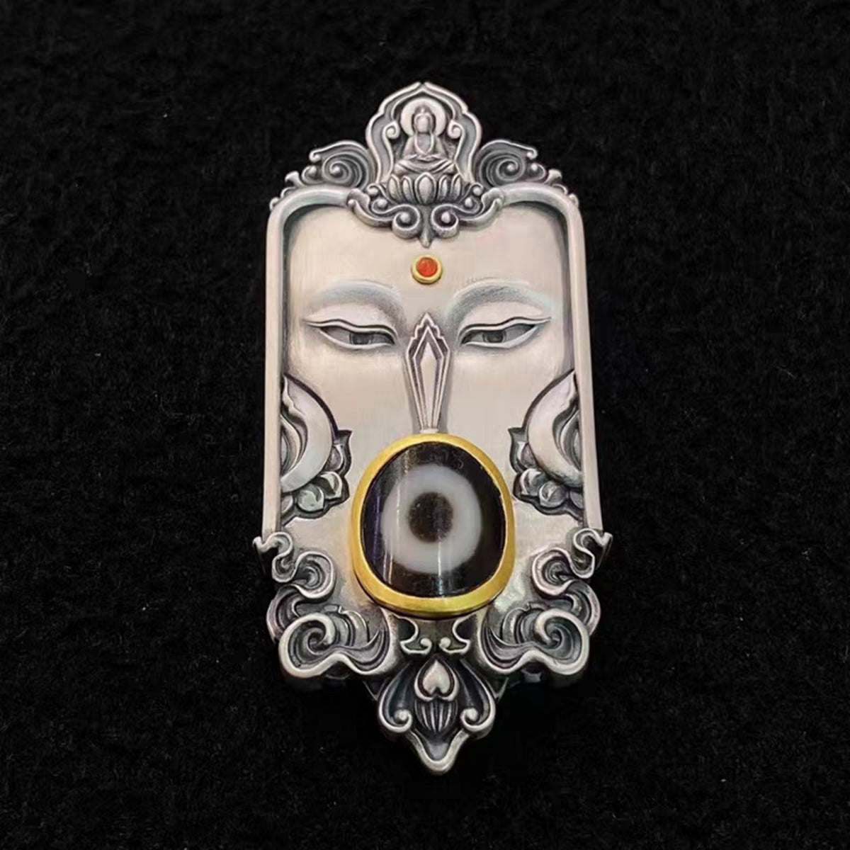 Handcrafted Tibetan S925 Sterling Silver Manjushri Dzi Bead Pendant Necklace