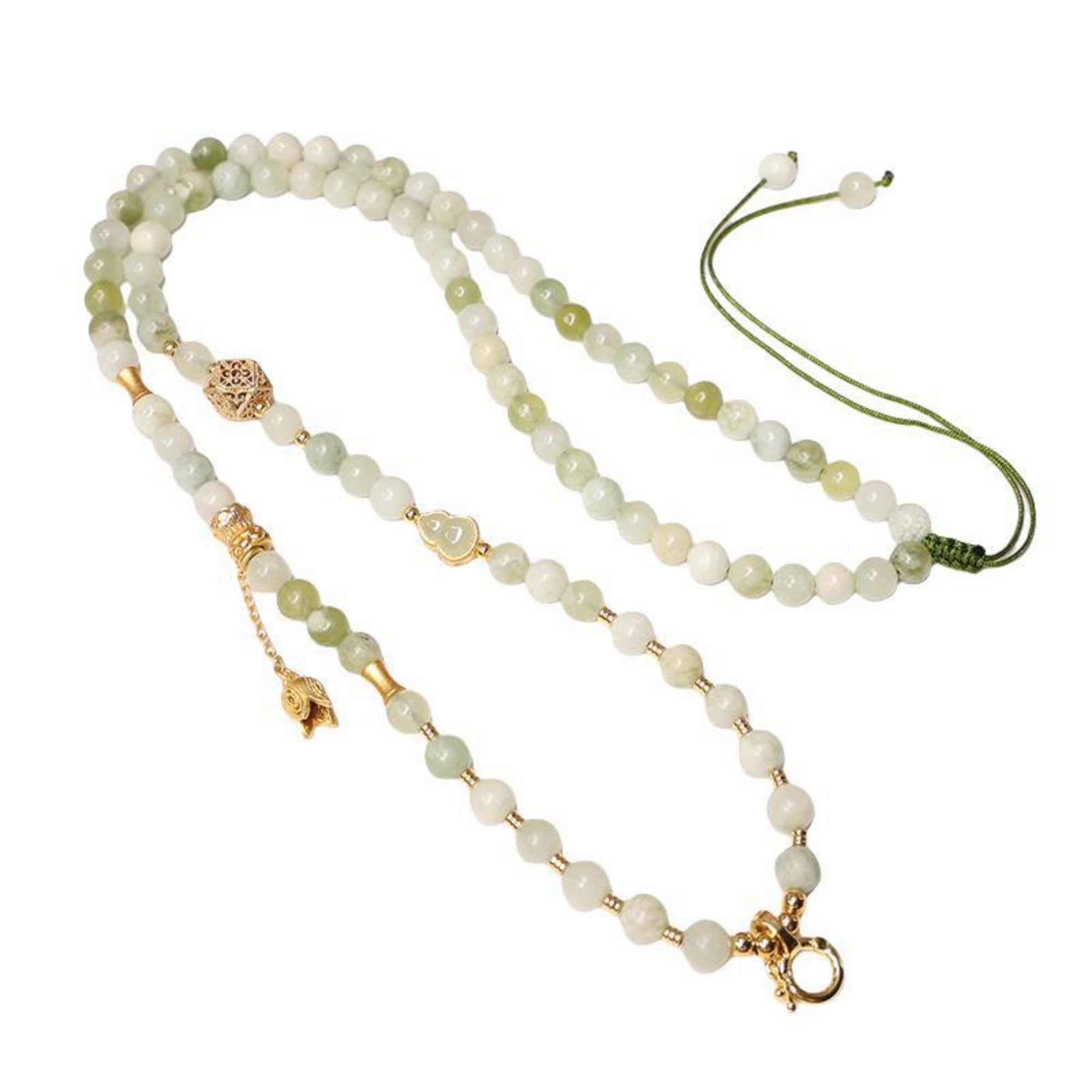 Beaded necklace with gold accents on a white background