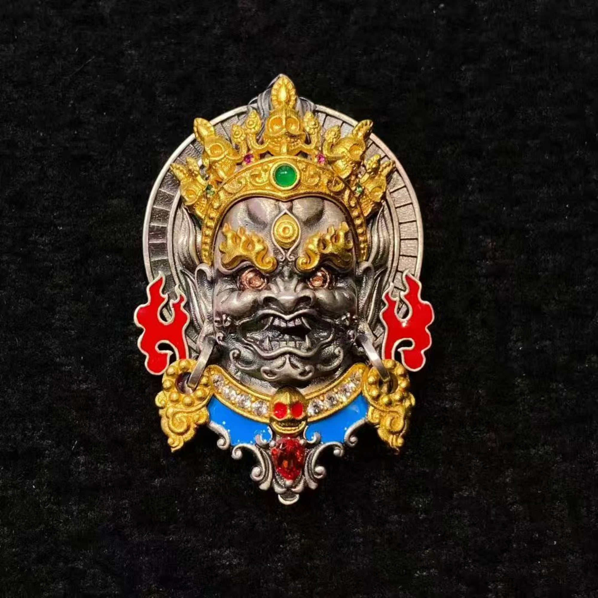 Mahakala Sterling Silver Crystal Enamel Amulet Pendant