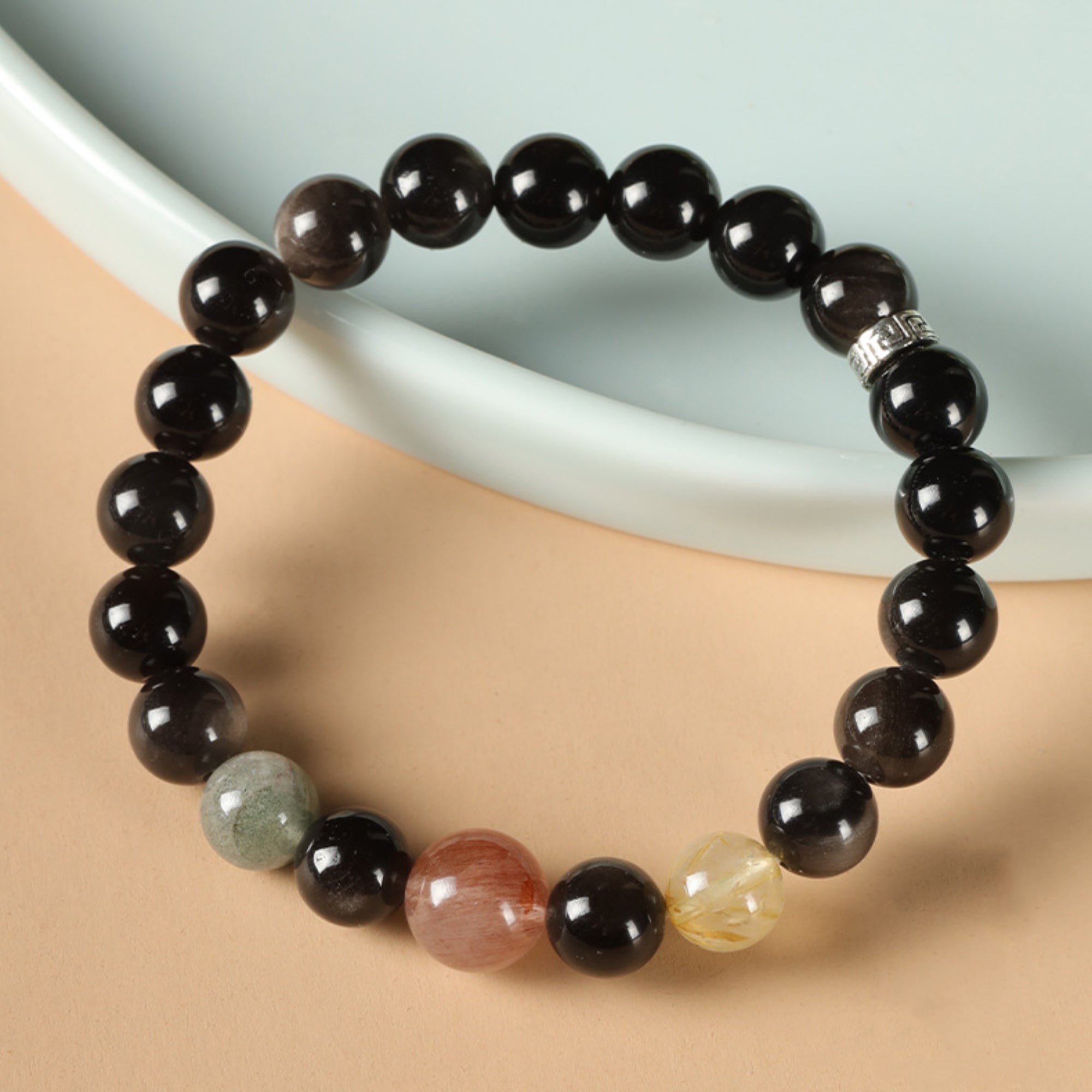Natural Silver Sheen Obsidian & Rutilated Quartz Bracelet