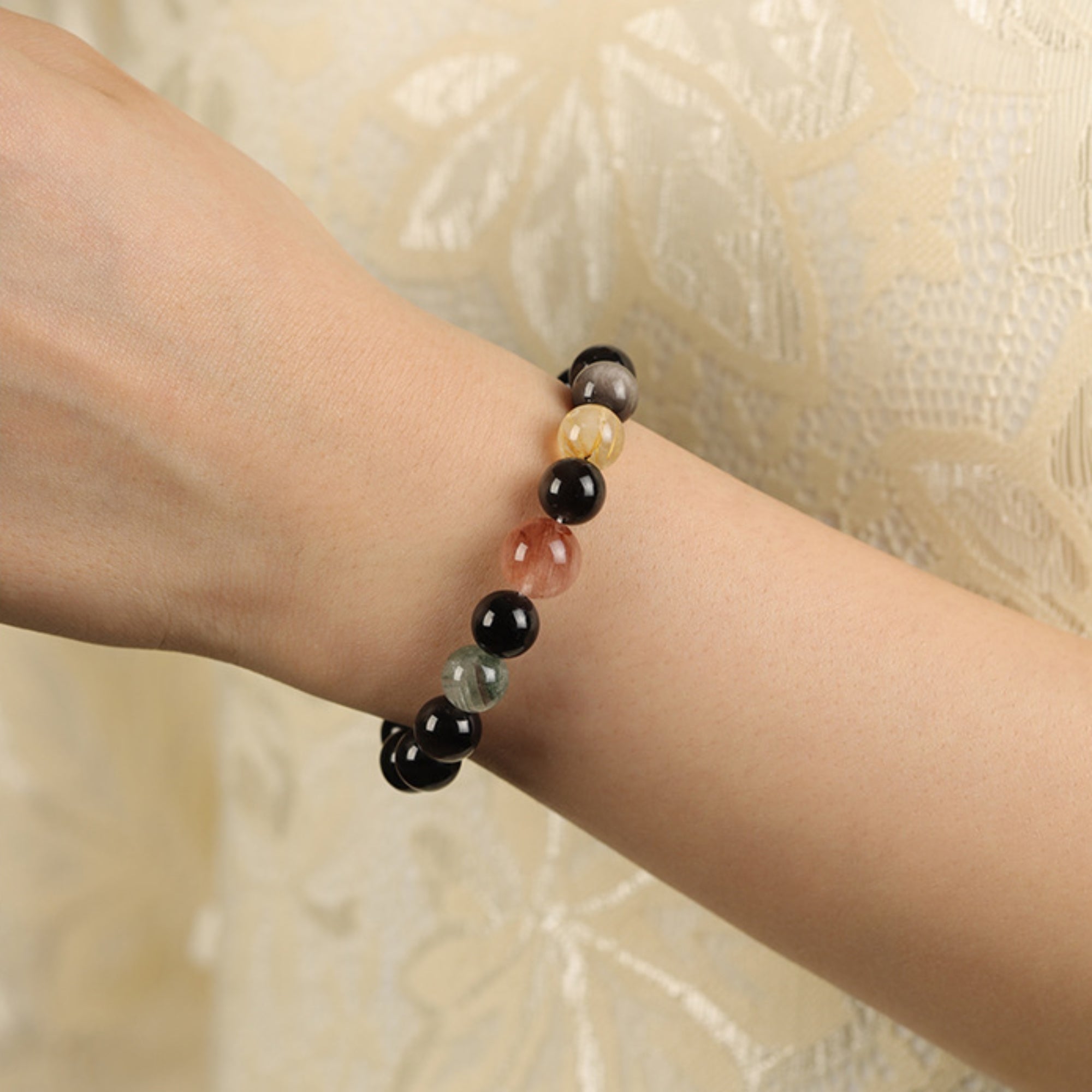 Natural Silver Sheen Obsidian & Rutilated Quartz Bracelet