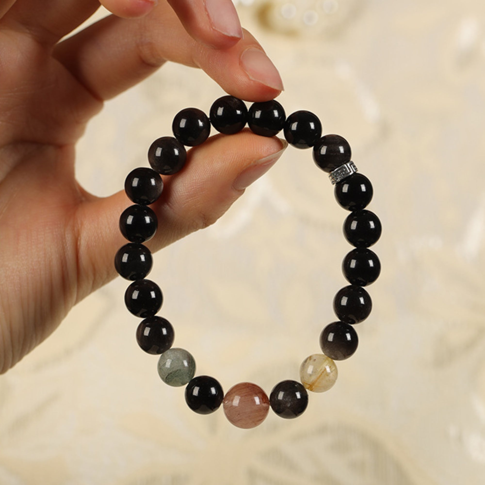 Natural Silver Sheen Obsidian & Rutilated Quartz Bracelet