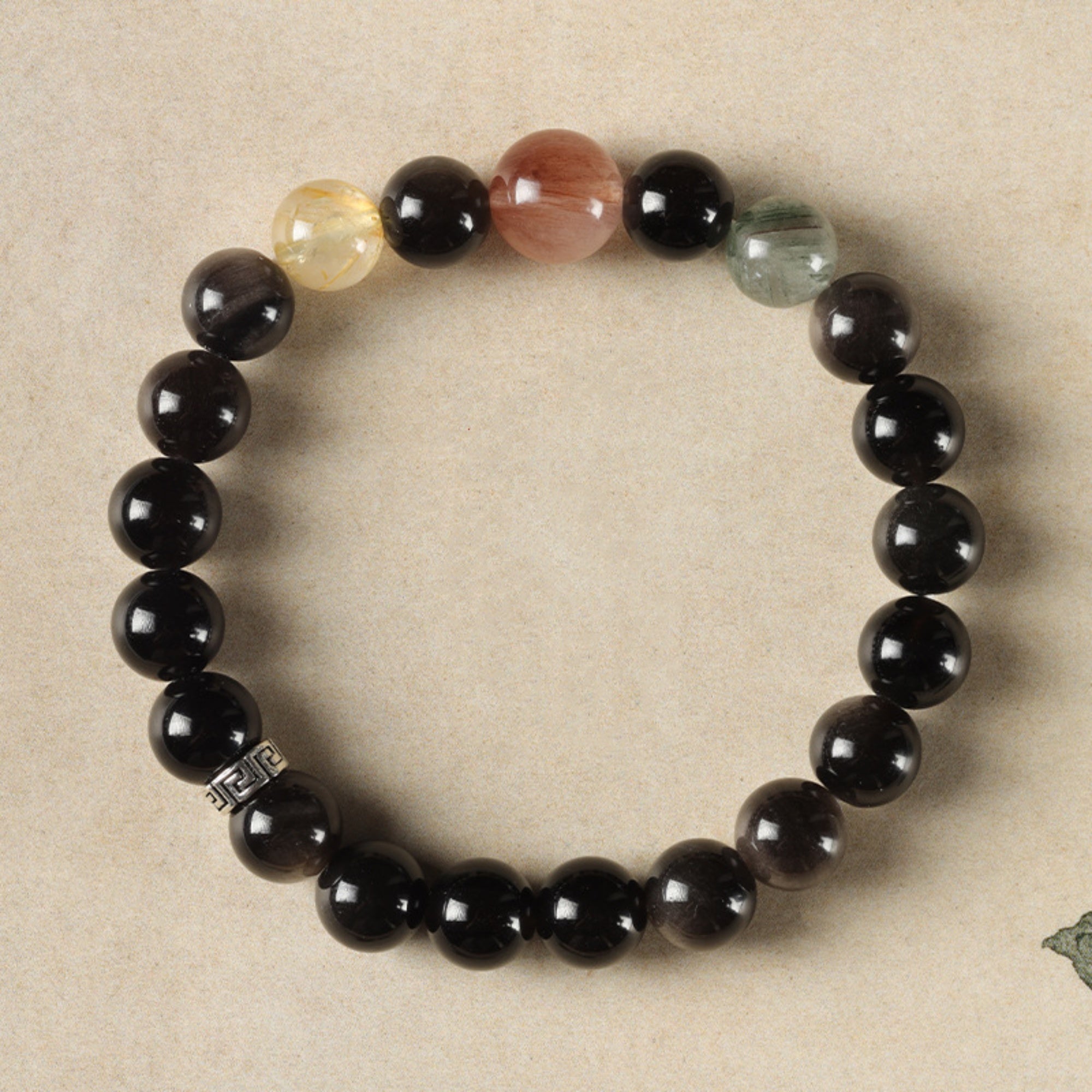 Natural Silver Sheen Obsidian & Rutilated Quartz Bracelet