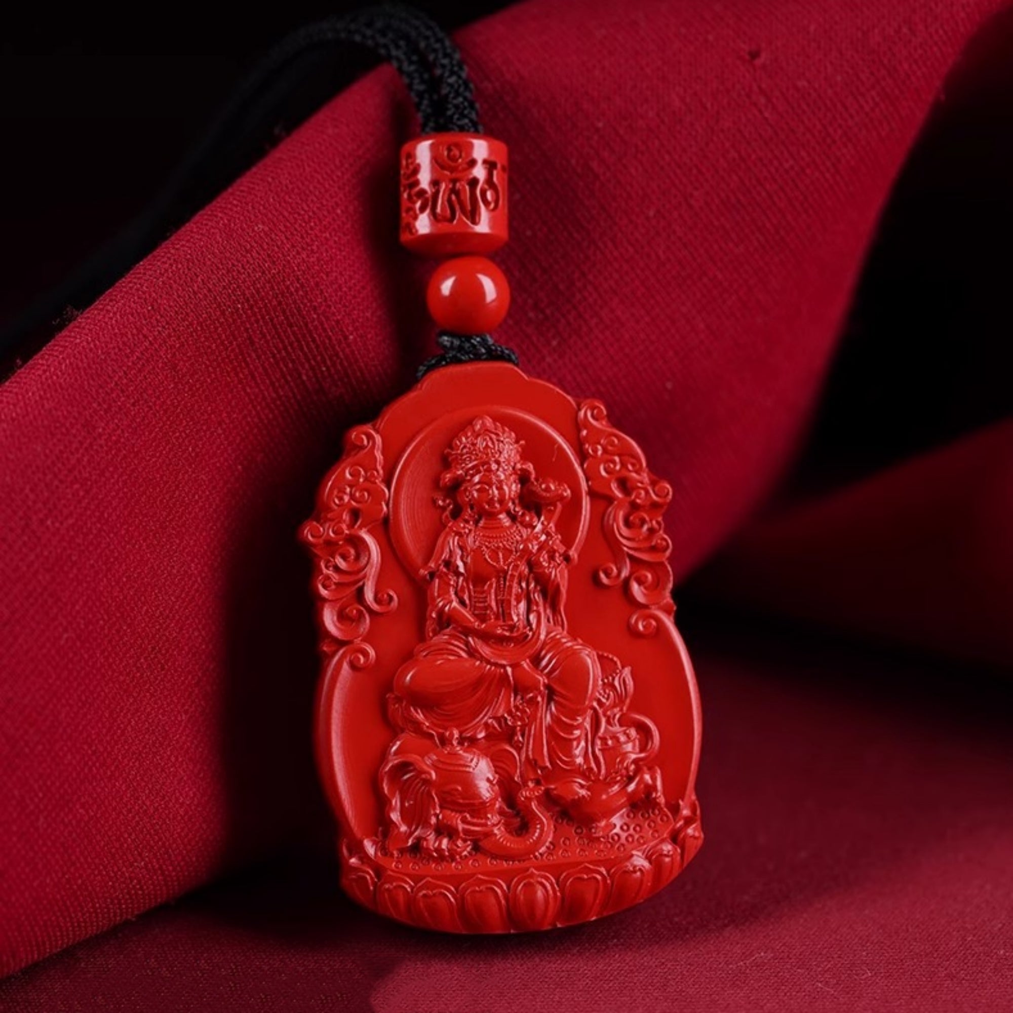 QiLing Aura Hand-Carved Zodiac Buddha Pendant Necklace in Cinnabar
