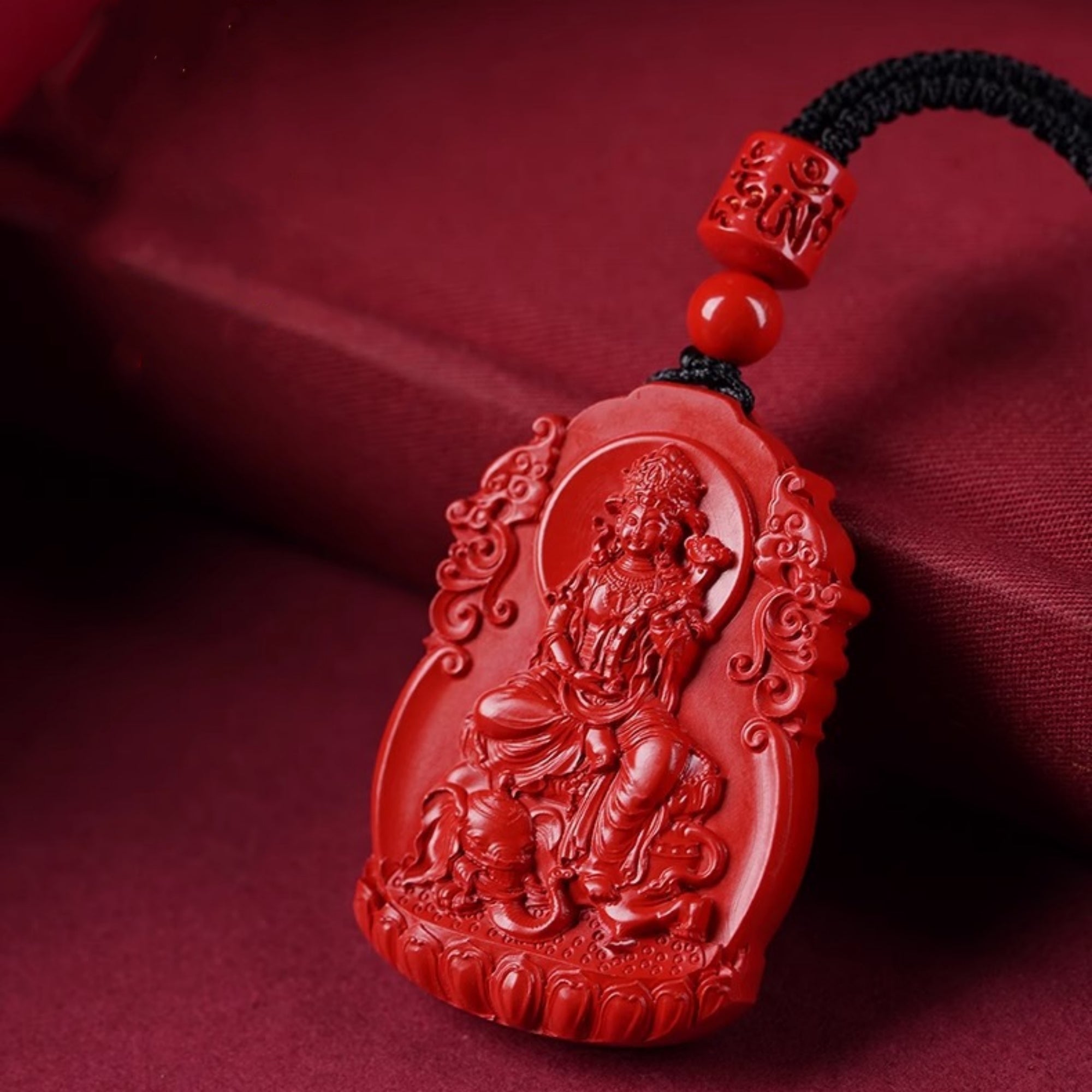 QiLing Aura Hand-Carved Zodiac Buddha Pendant Necklace in Cinnabar