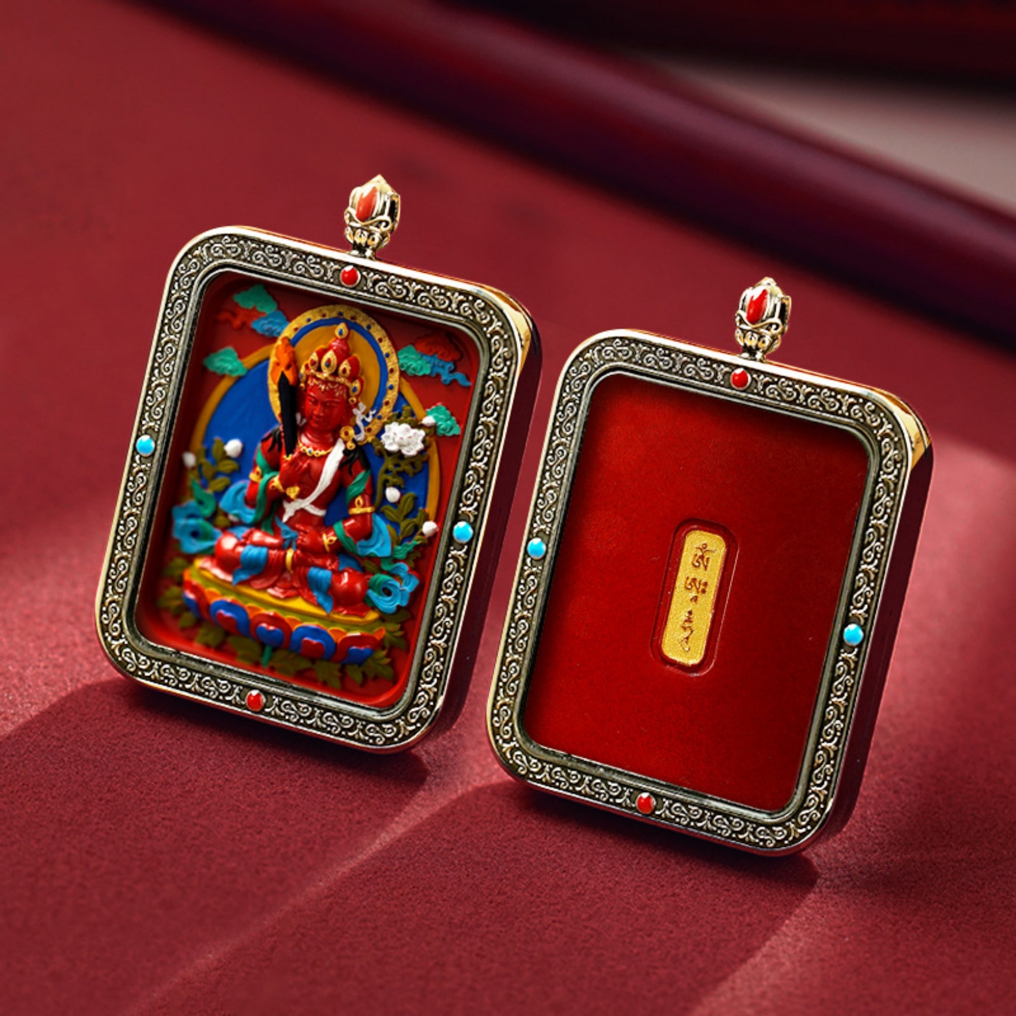 QiLing Aura Hand-Painted Thangka Cinnabar White Copper Pendant Necklace (Ga Wu Box)