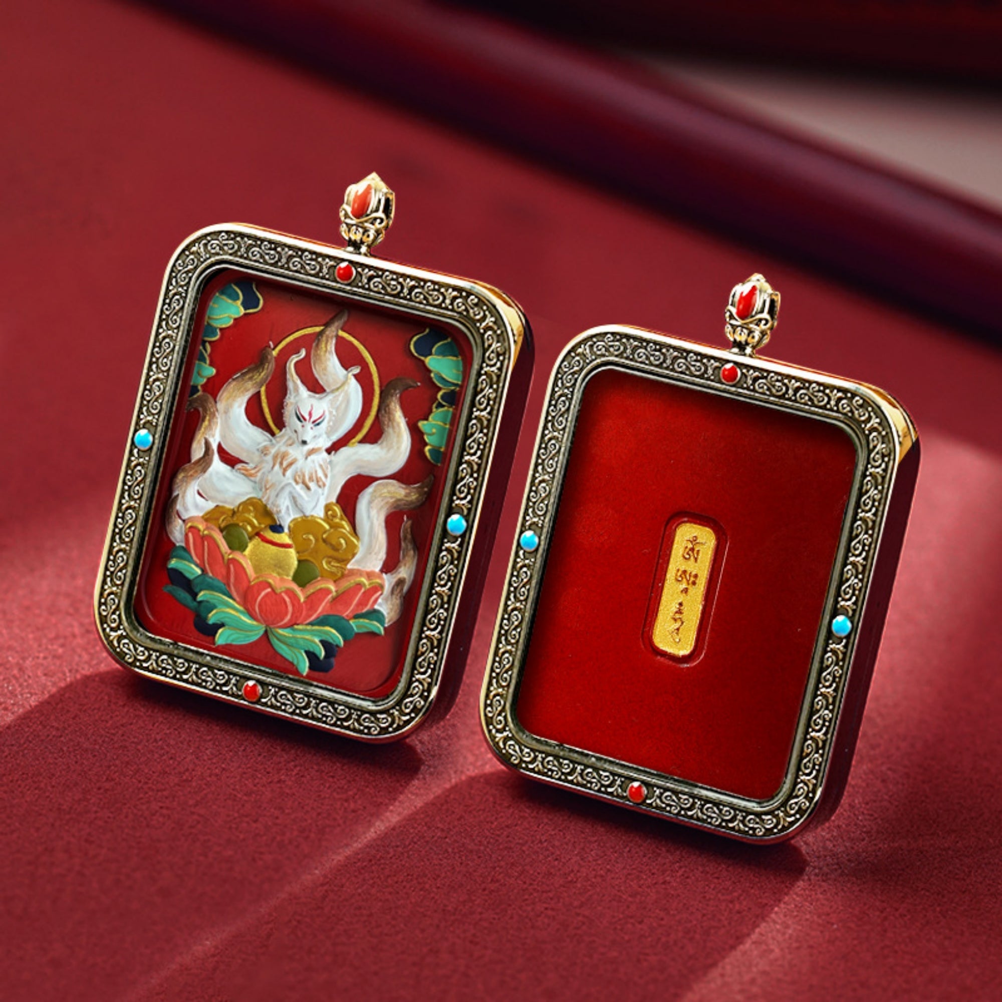 QiLing Aura Hand-Painted Thangka Cinnabar White Copper Pendant Necklace (Ga Wu Box)