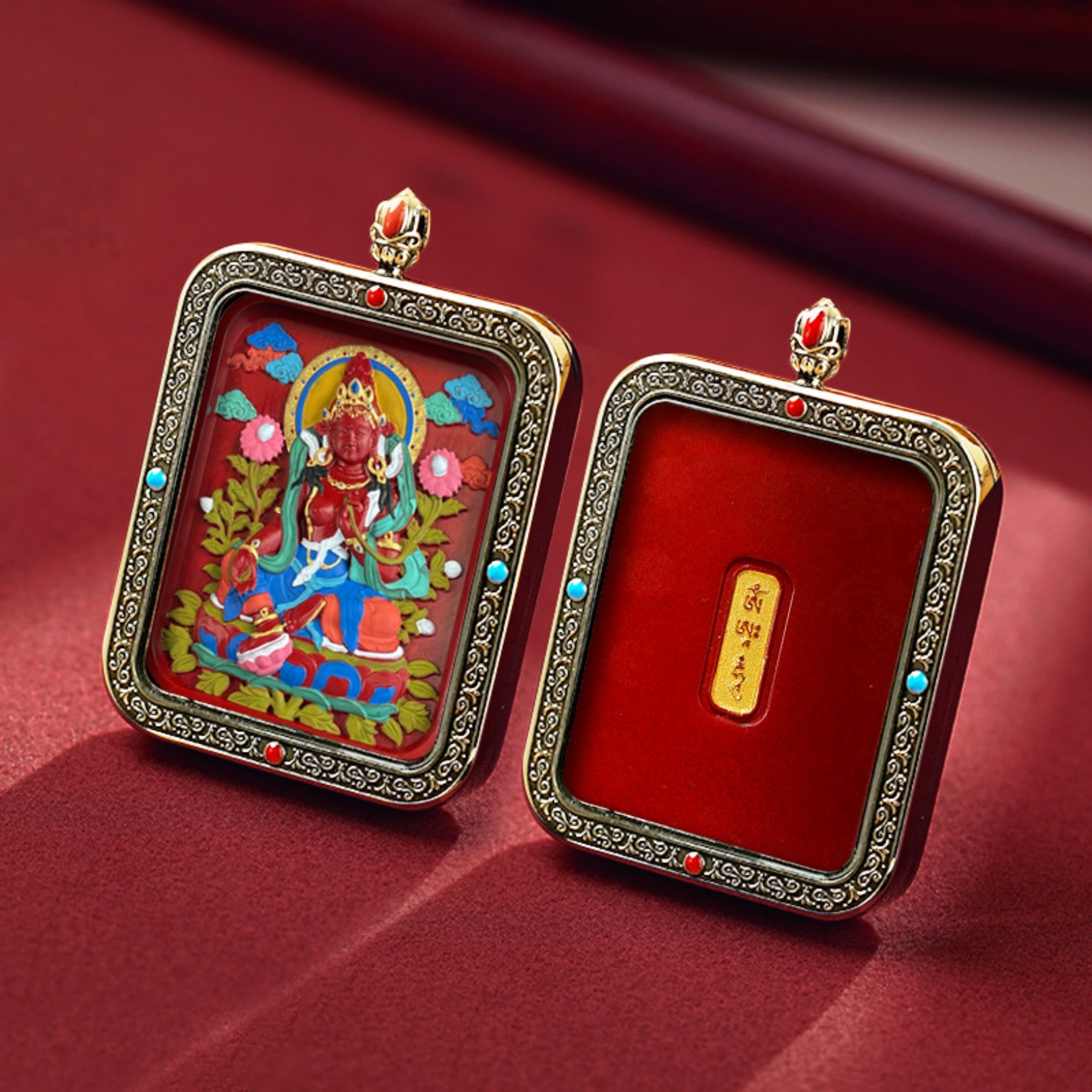 QiLing Aura Hand-Painted Thangka Cinnabar White Copper Pendant Necklace (Ga Wu Box)