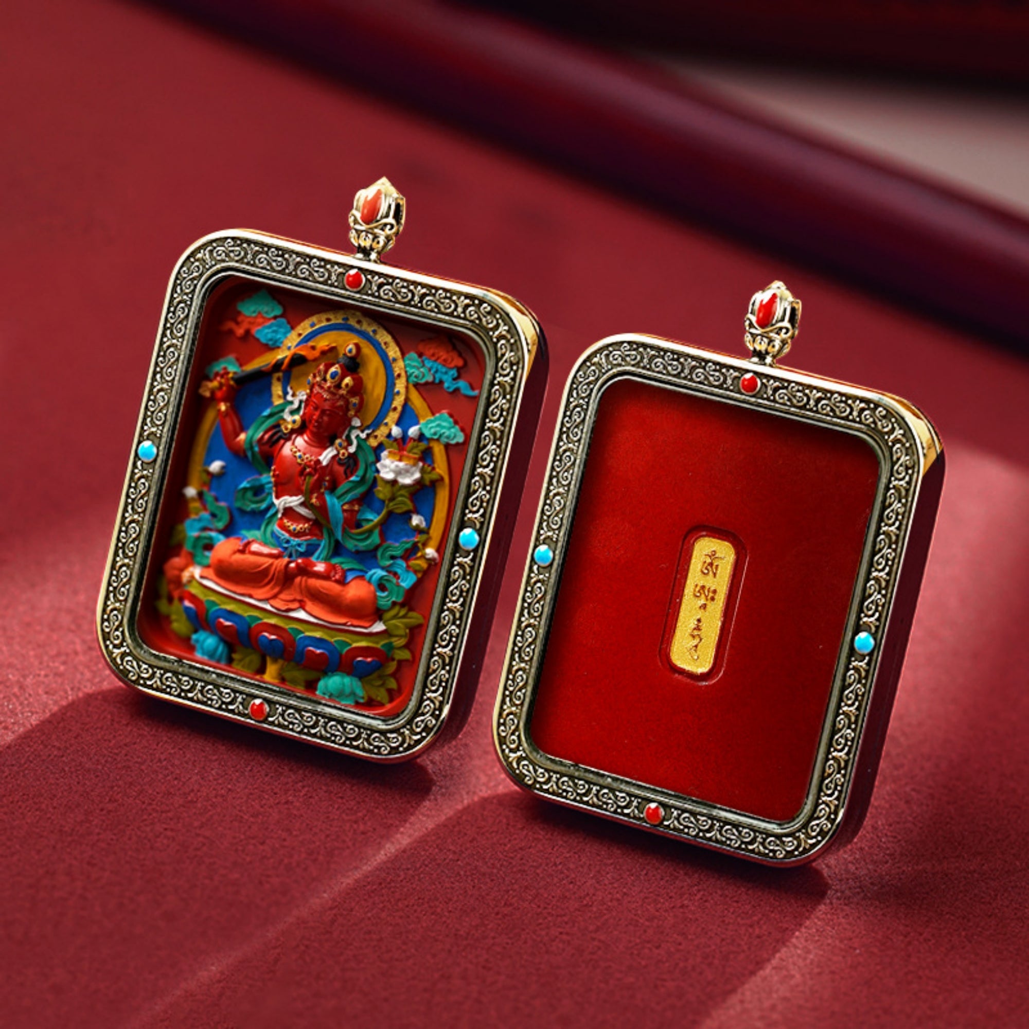 QiLing Aura Hand-Painted Thangka Cinnabar White Copper Pendant Necklace (Ga Wu Box)