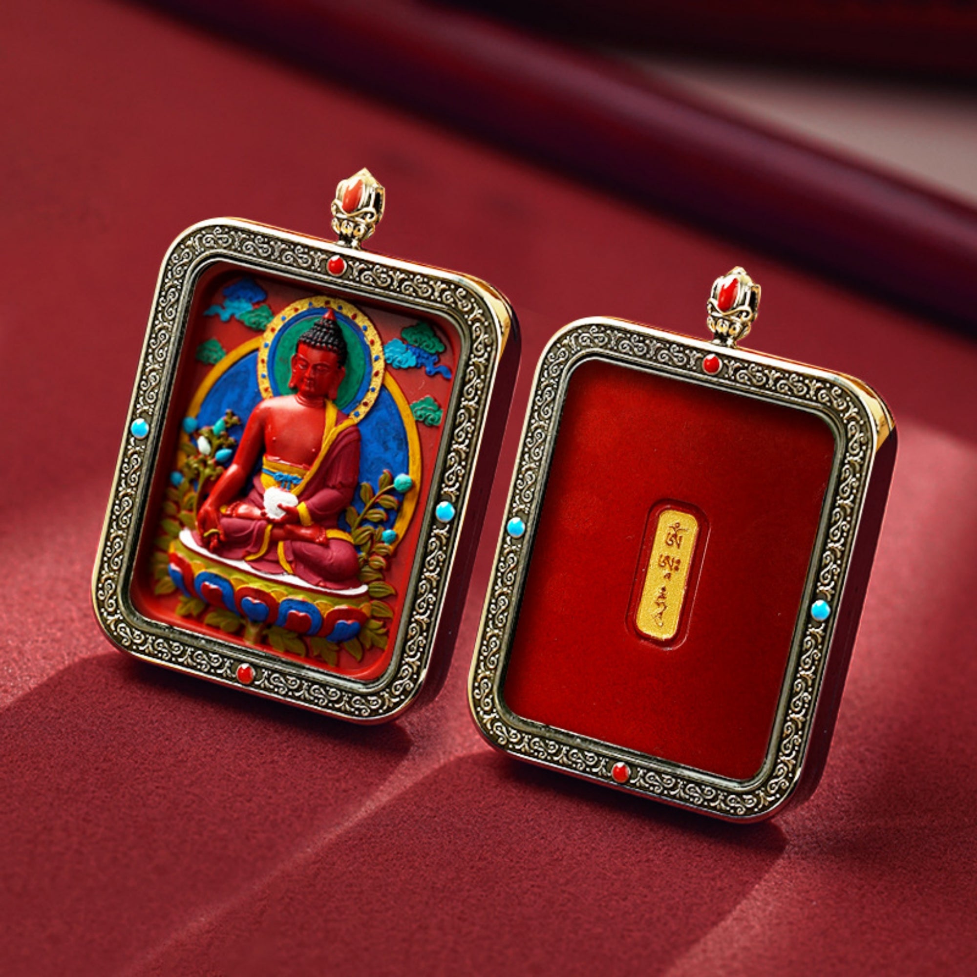 QiLing Aura Hand-Painted Thangka Cinnabar White Copper Pendant Necklace (Ga Wu Box)