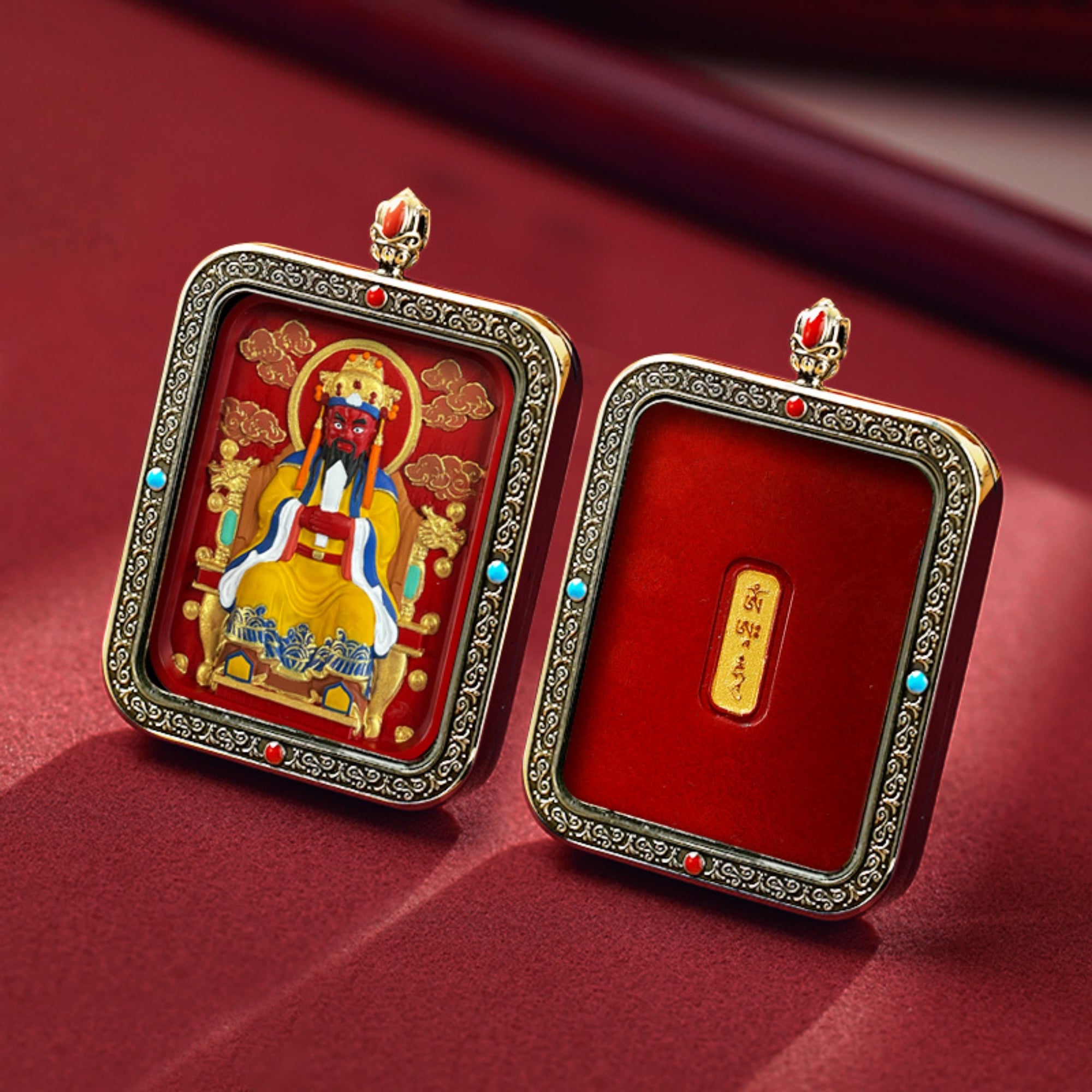 QiLing Aura Hand-Painted Thangka Cinnabar White Copper Pendant Necklace (Ga Wu Box)