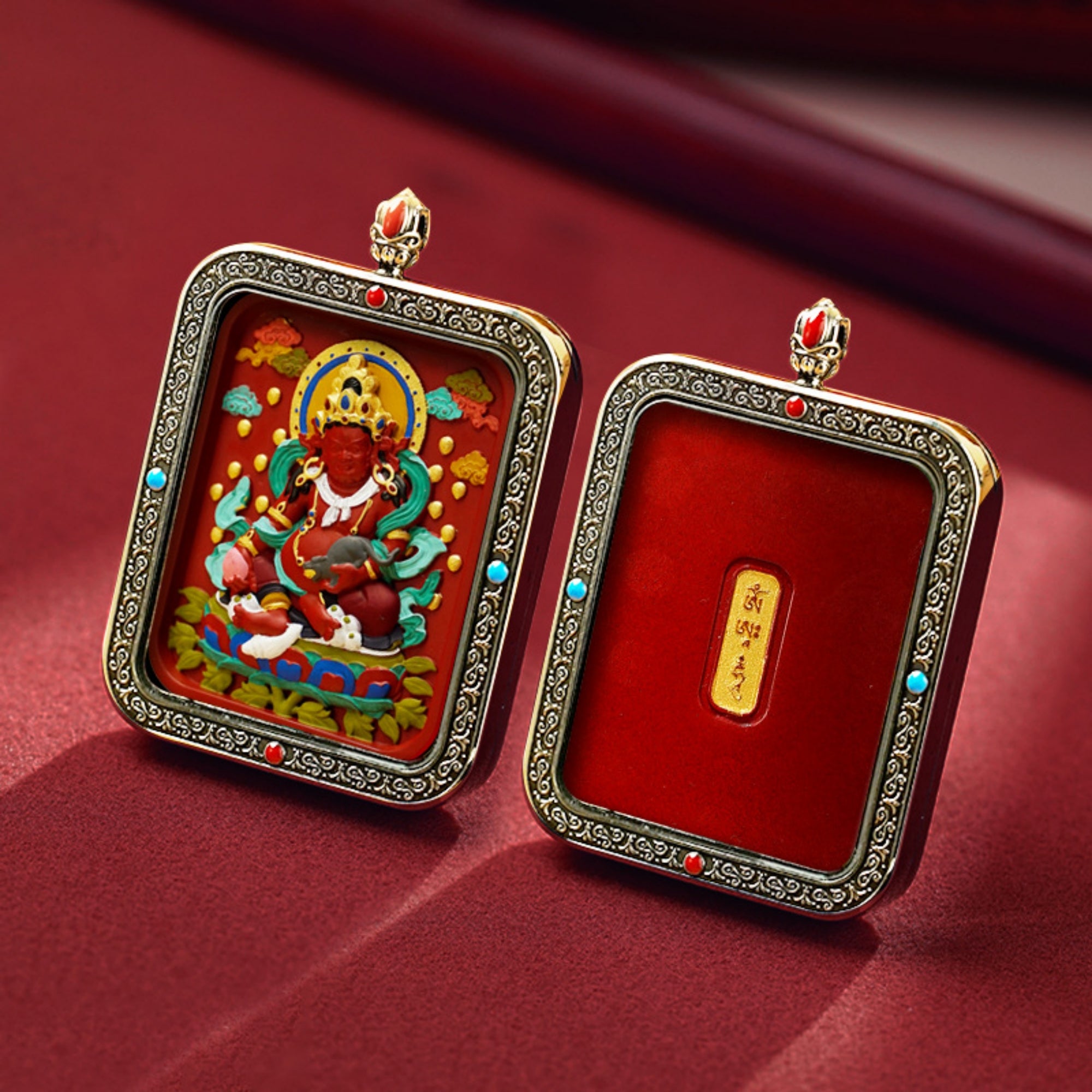 QiLing Aura Hand-Painted Thangka Cinnabar White Copper Pendant Necklace (Ga Wu Box)