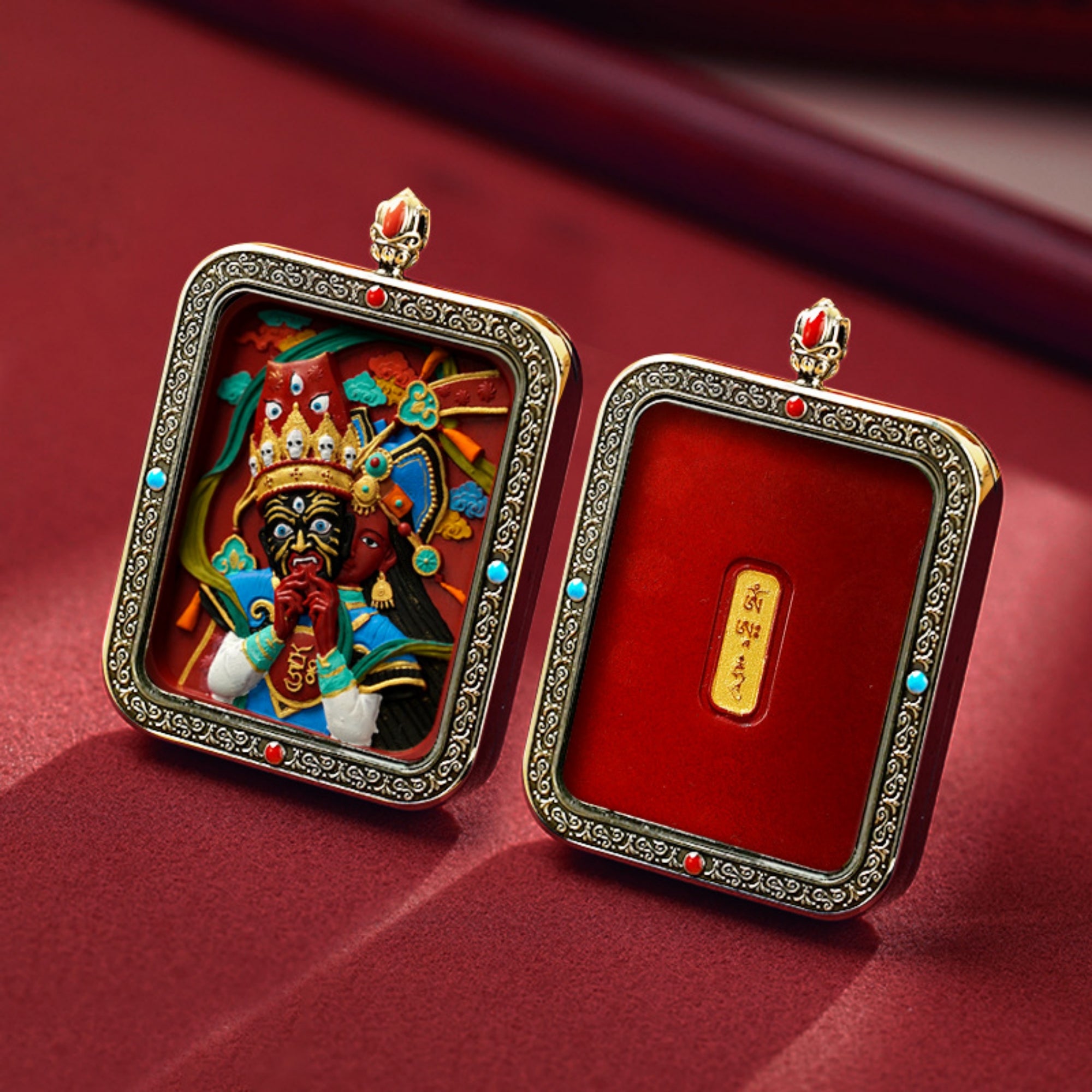 QiLing Aura Hand-Painted Thangka Cinnabar White Copper Pendant Necklace (Ga Wu Box)