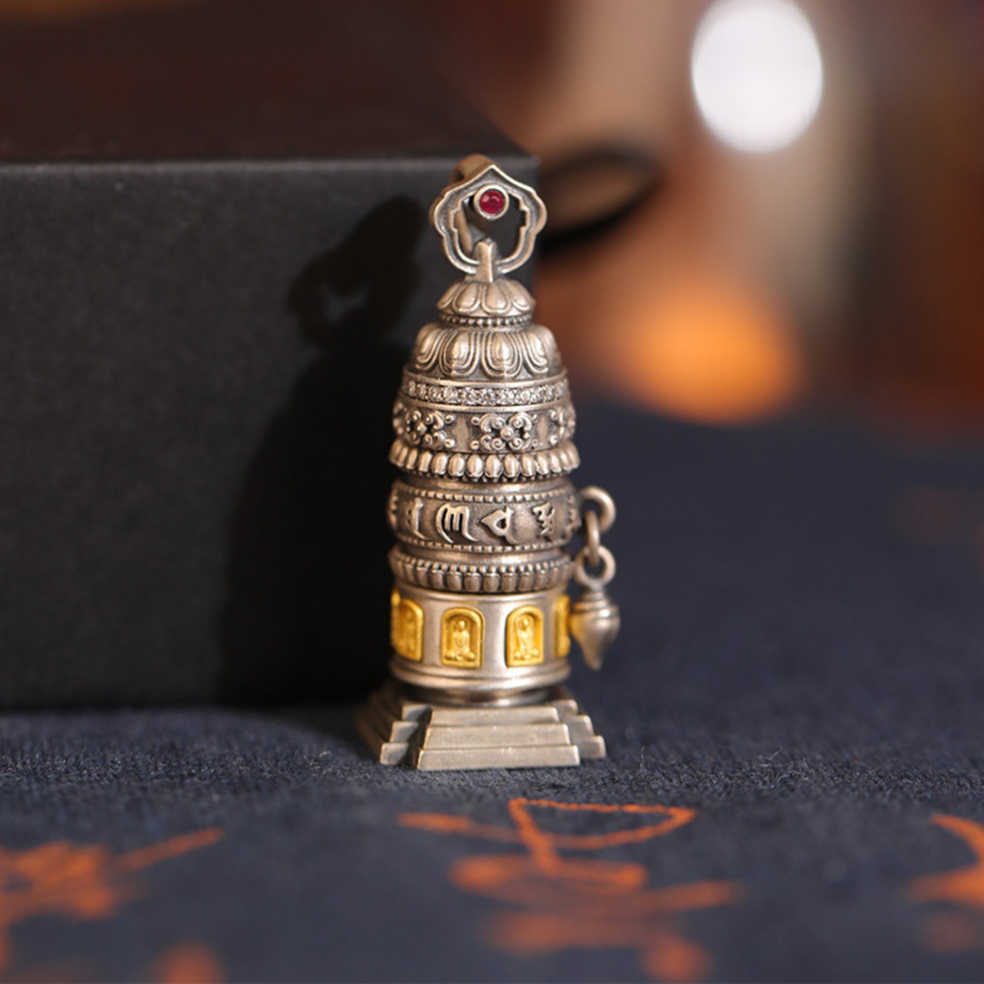 Six-Syllable Mantra Rotating Prayer Wheel Sterling Silver Pendant