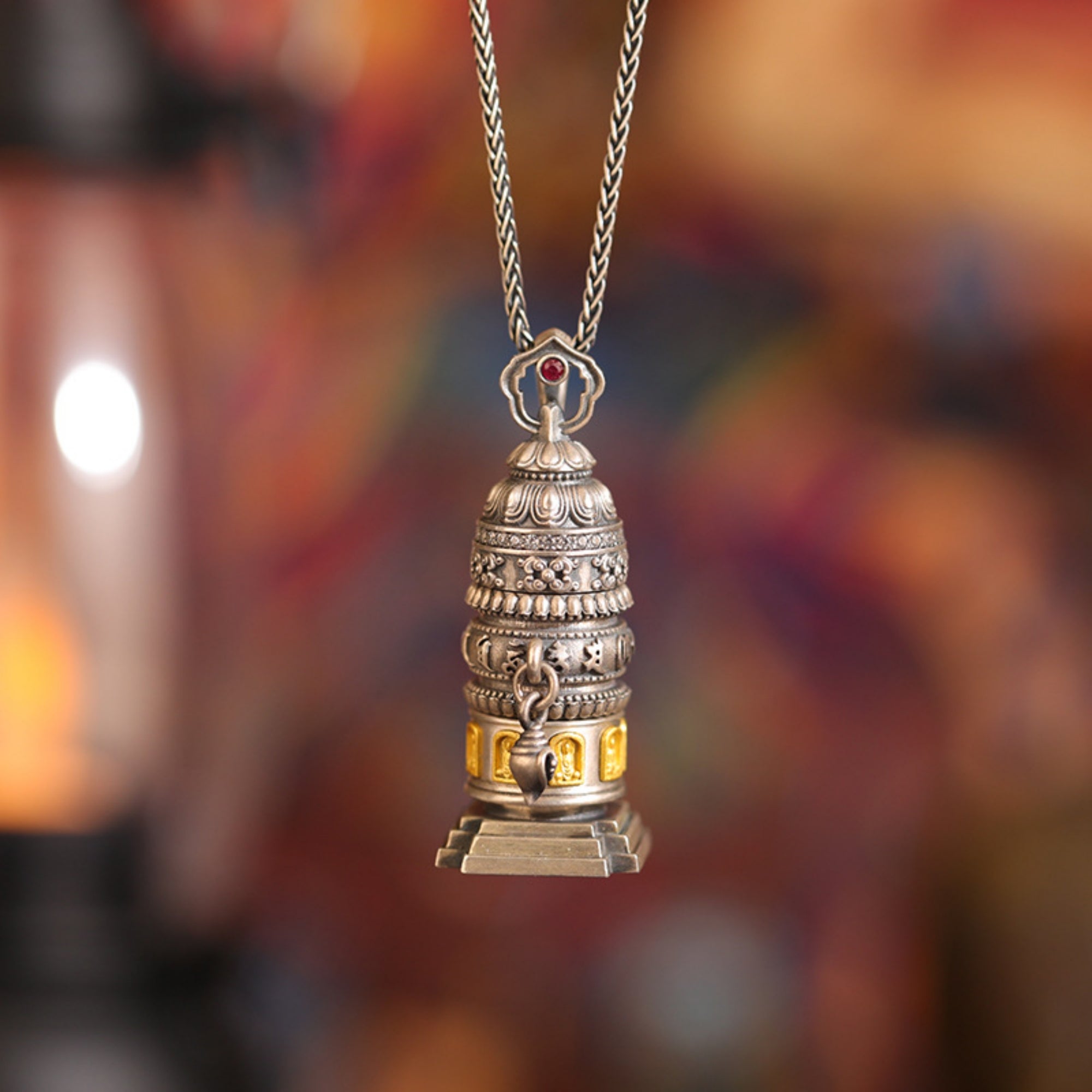 Six-Syllable Mantra Rotating Prayer Wheel Sterling Silver Pendant