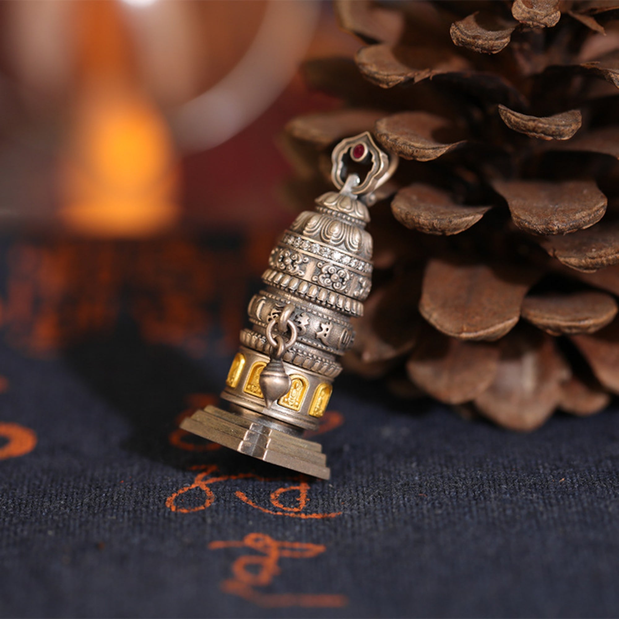 Six-Syllable Mantra Rotating Prayer Wheel Sterling Silver Pendant