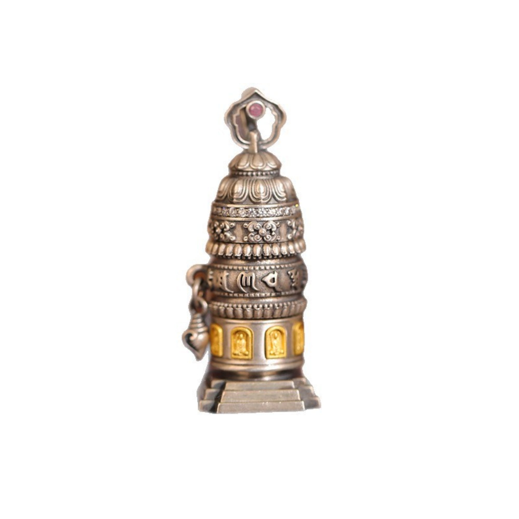 Six-Syllable Mantra Rotating Prayer Wheel Sterling Silver Pendant