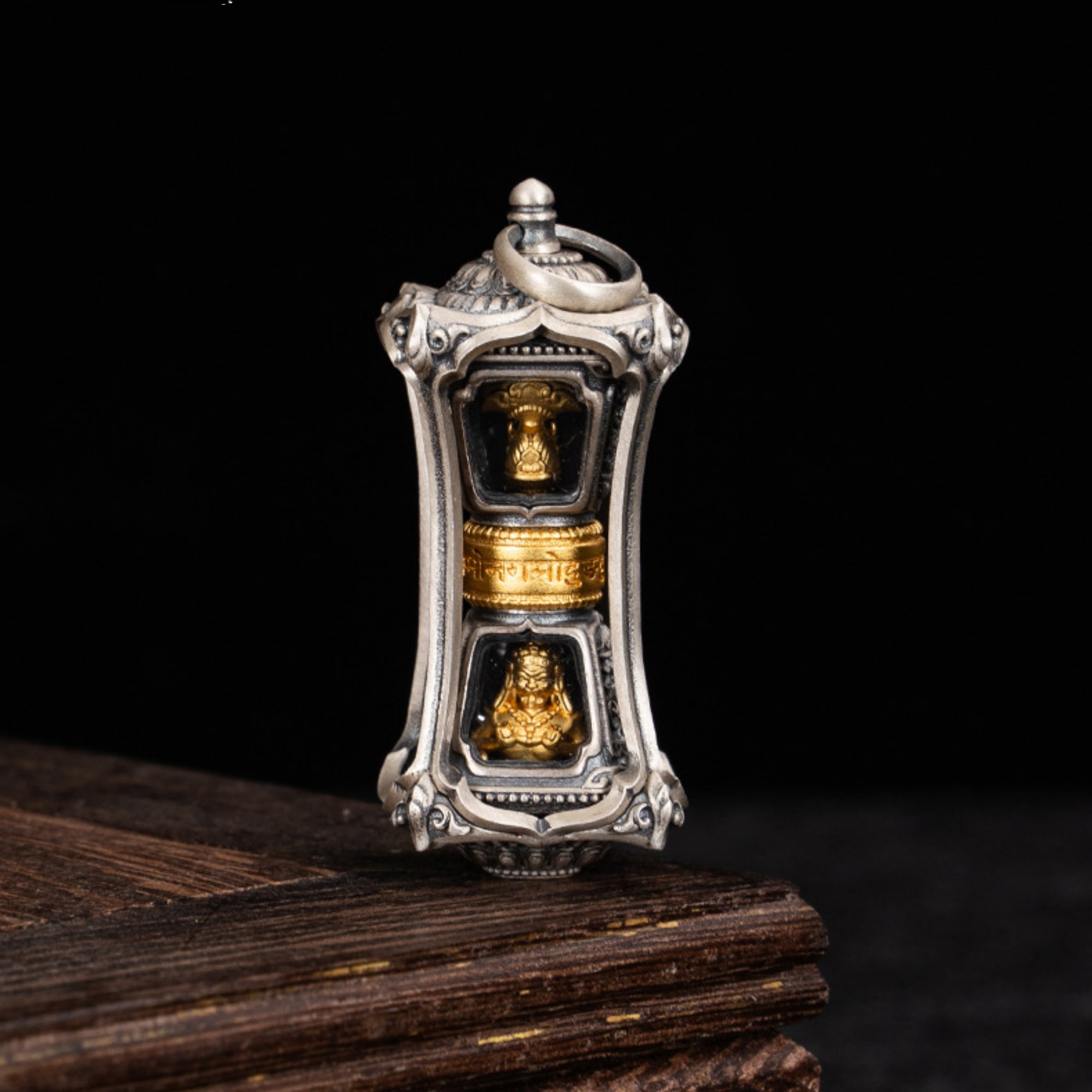 Sterling Silver Zakiram Rotating Prayer-Wheel Pendant Necklace