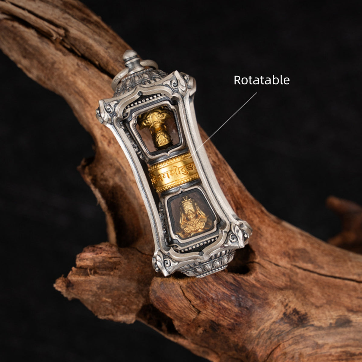 Sterling Silver Zakiram Rotating Prayer-Wheel Pendant Necklace