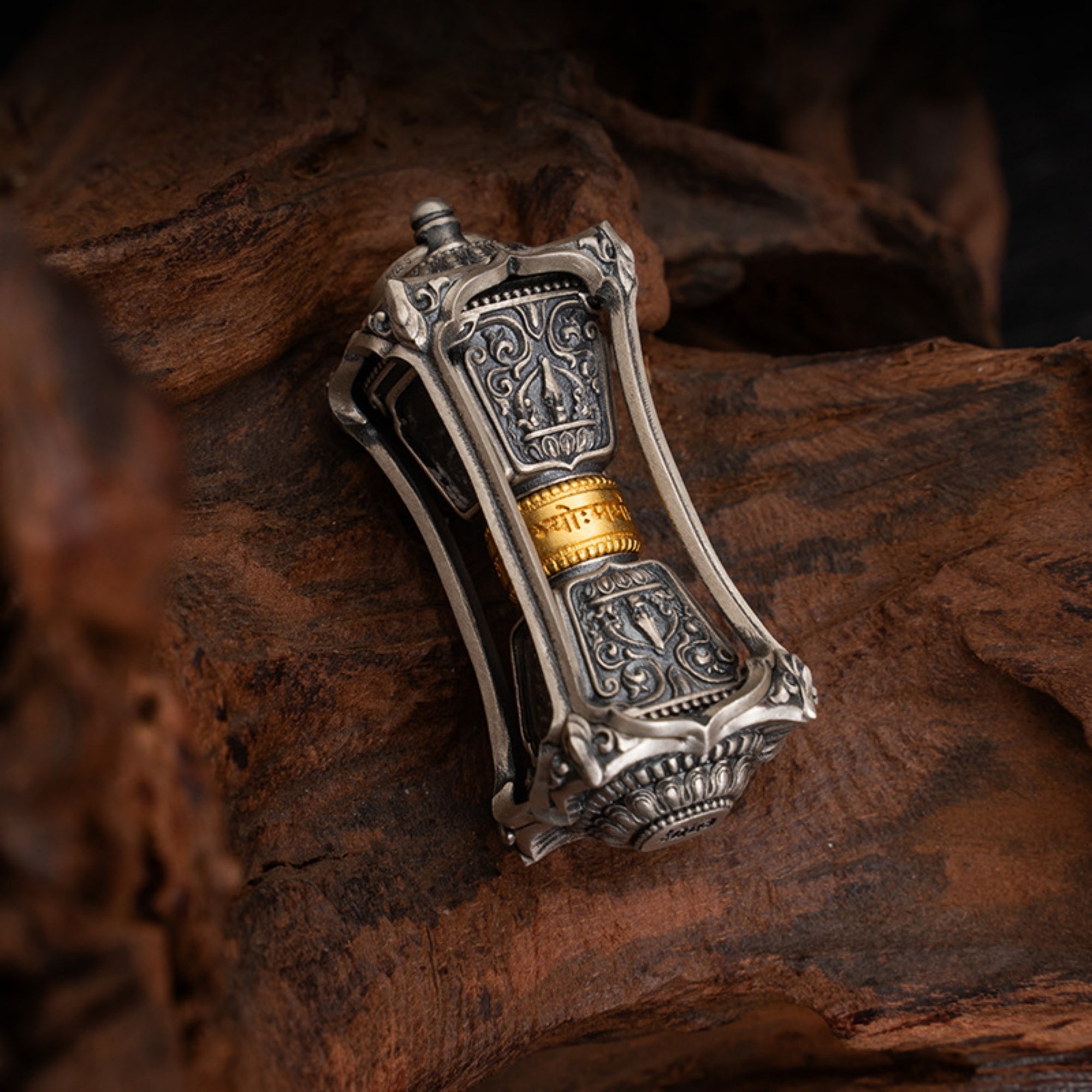 Sterling Silver Zakiram Rotating Prayer-Wheel Pendant Necklace