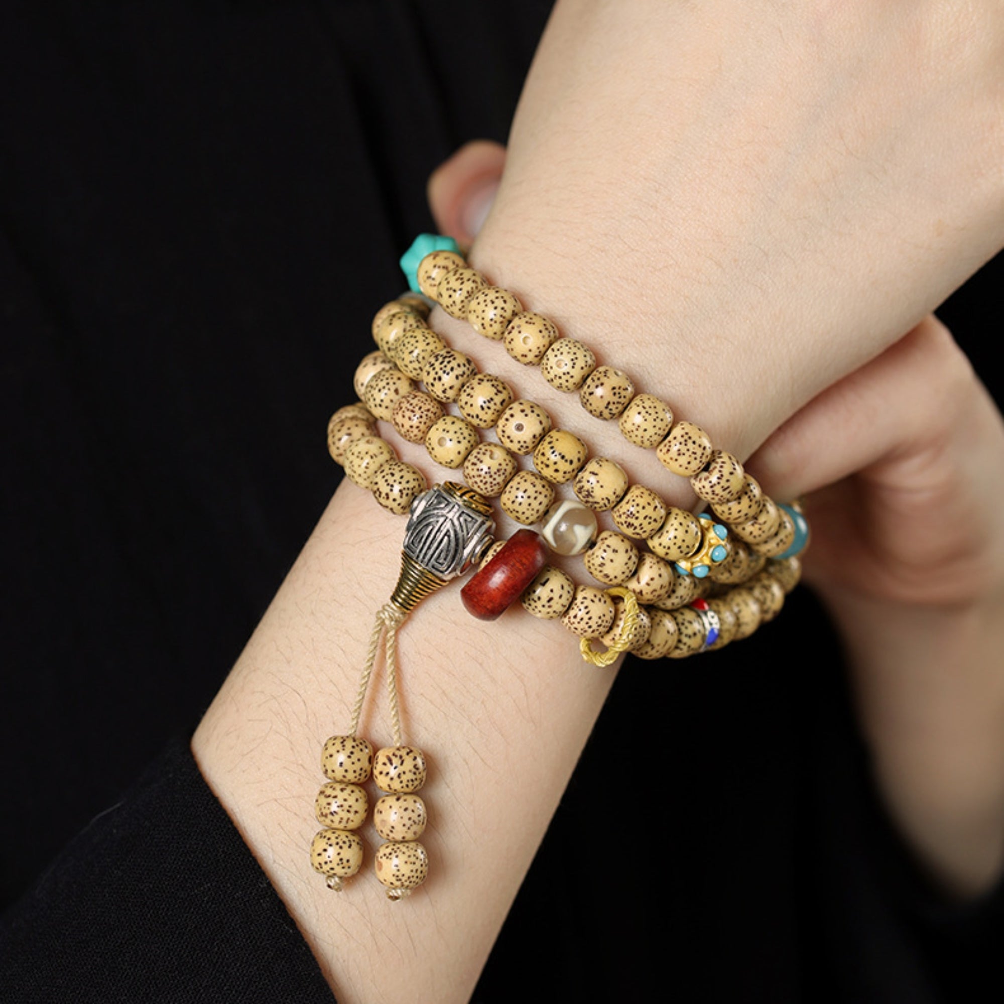 Tibetan-Style 108-Bead Star & Moon Bodhi Mala Bracelet
