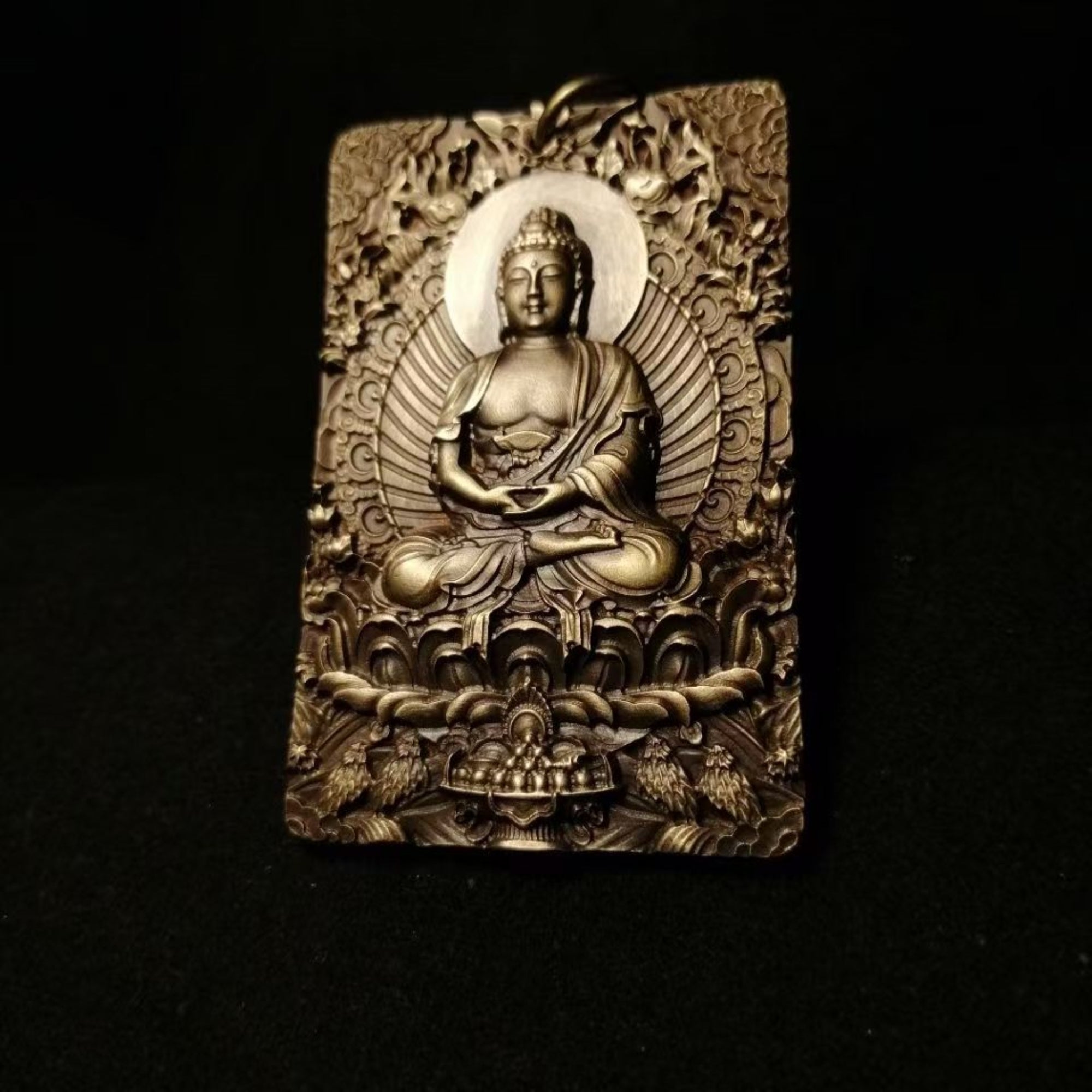 Tibetan Brass Amitabha Buddha Amulet Pendant Necklace