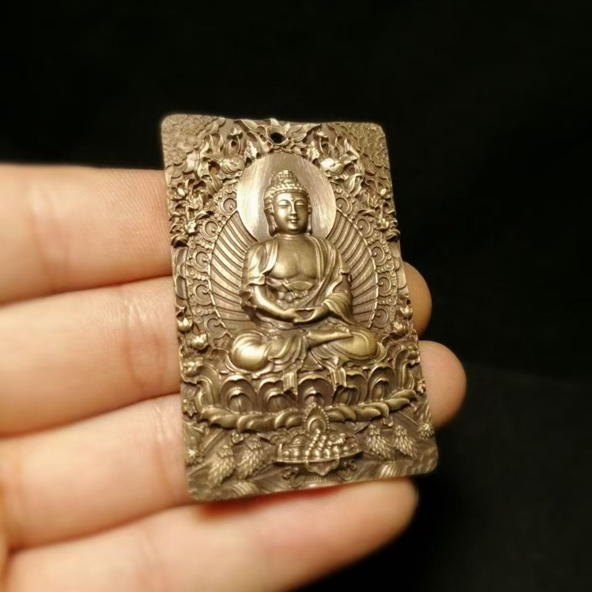 Tibetan Brass Amitabha Buddha Amulet Pendant Necklace