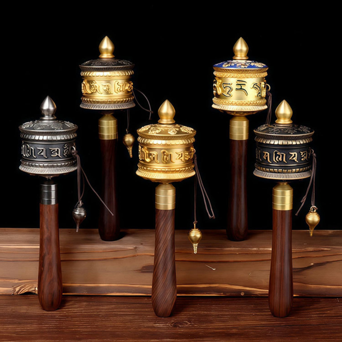 Set of five prayer wheels with wooden handles on a wooden surface.