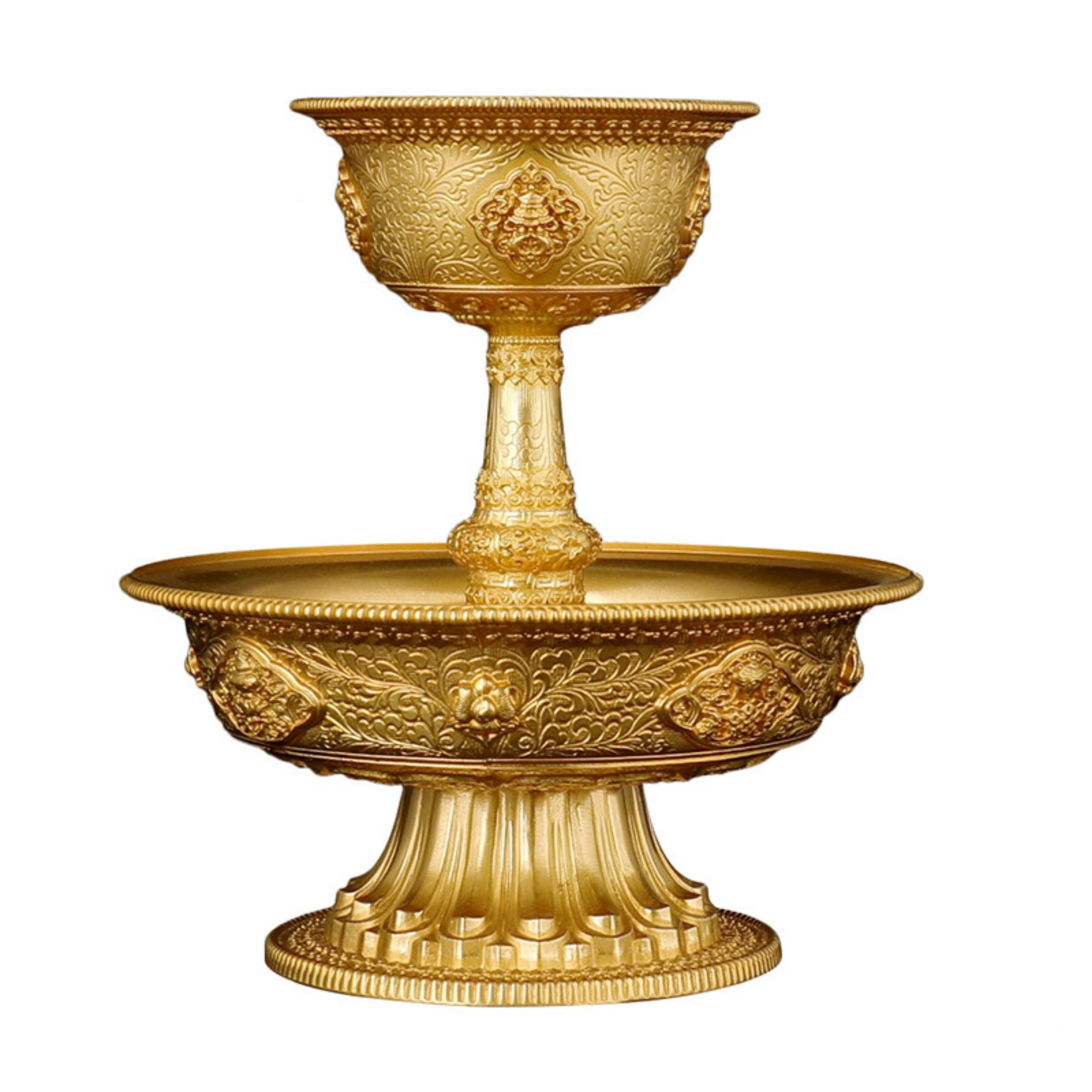 Decorative gold bowl with intricate designs on a white background
