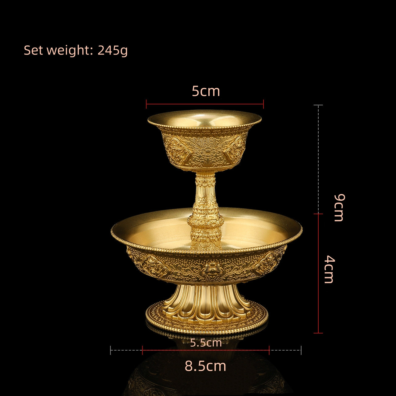 Gold decorative bowl set with measurements on a black background