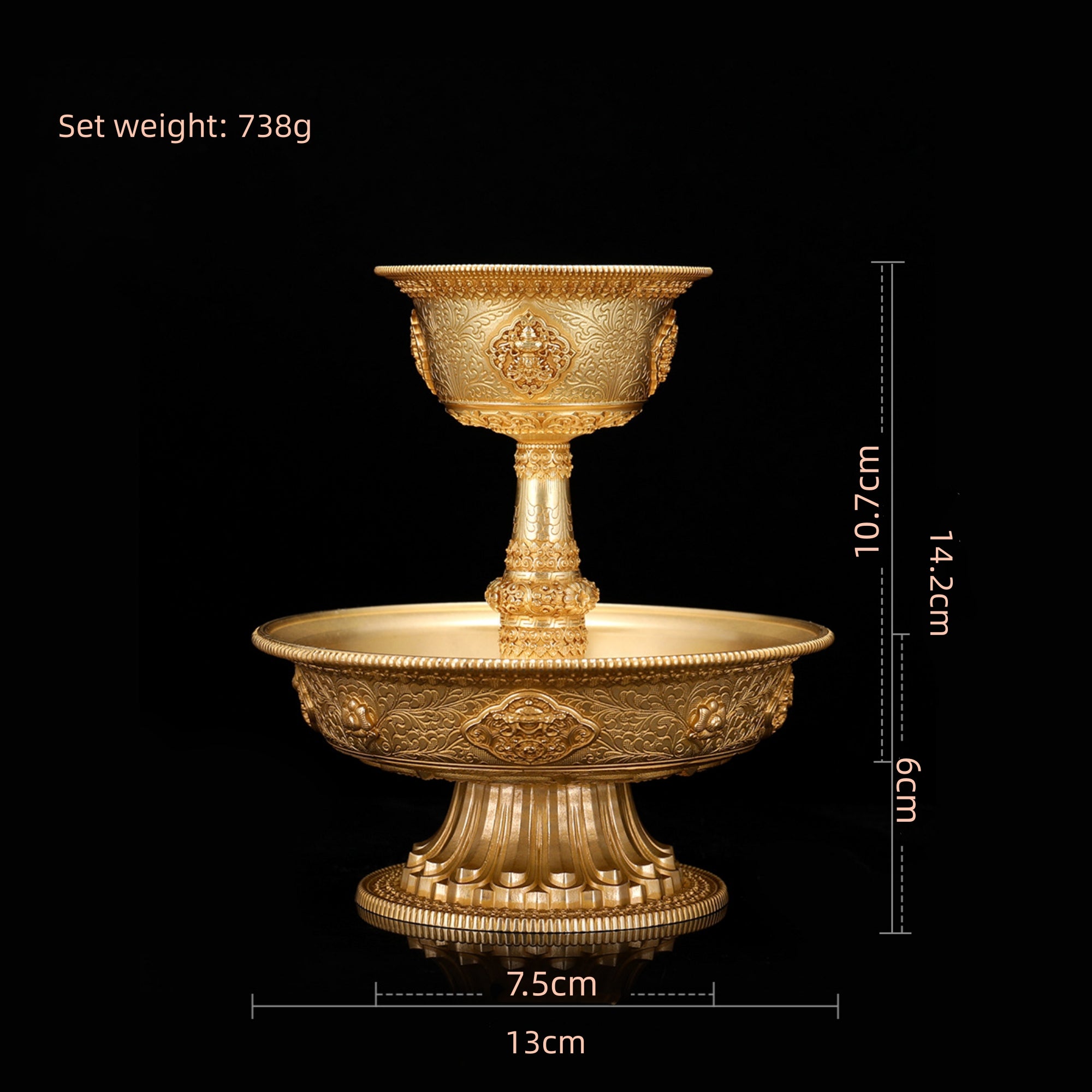 Decorative gold cup with measurements on a black background