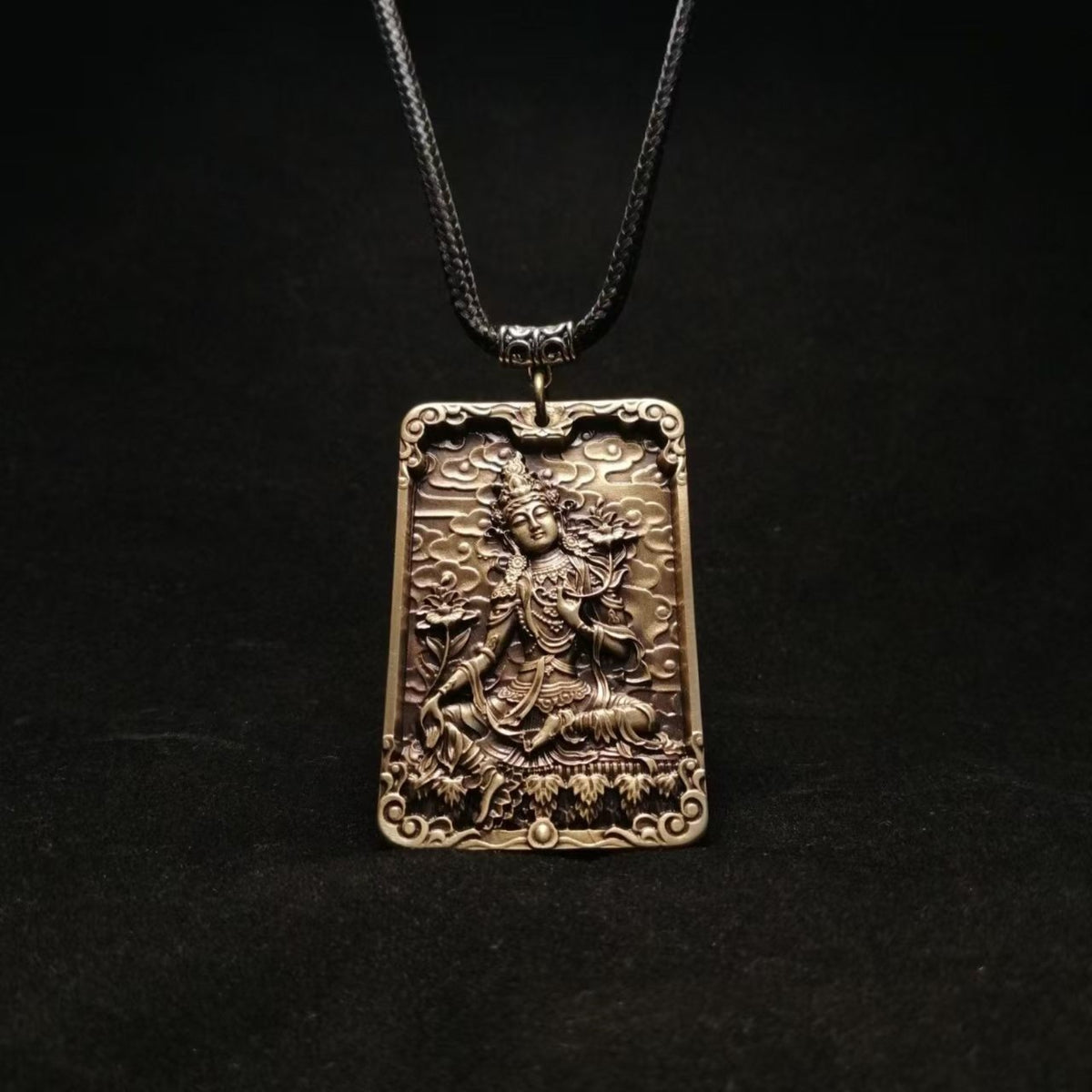 Tibetan Brass Green Tara Amulet Pendant Necklace