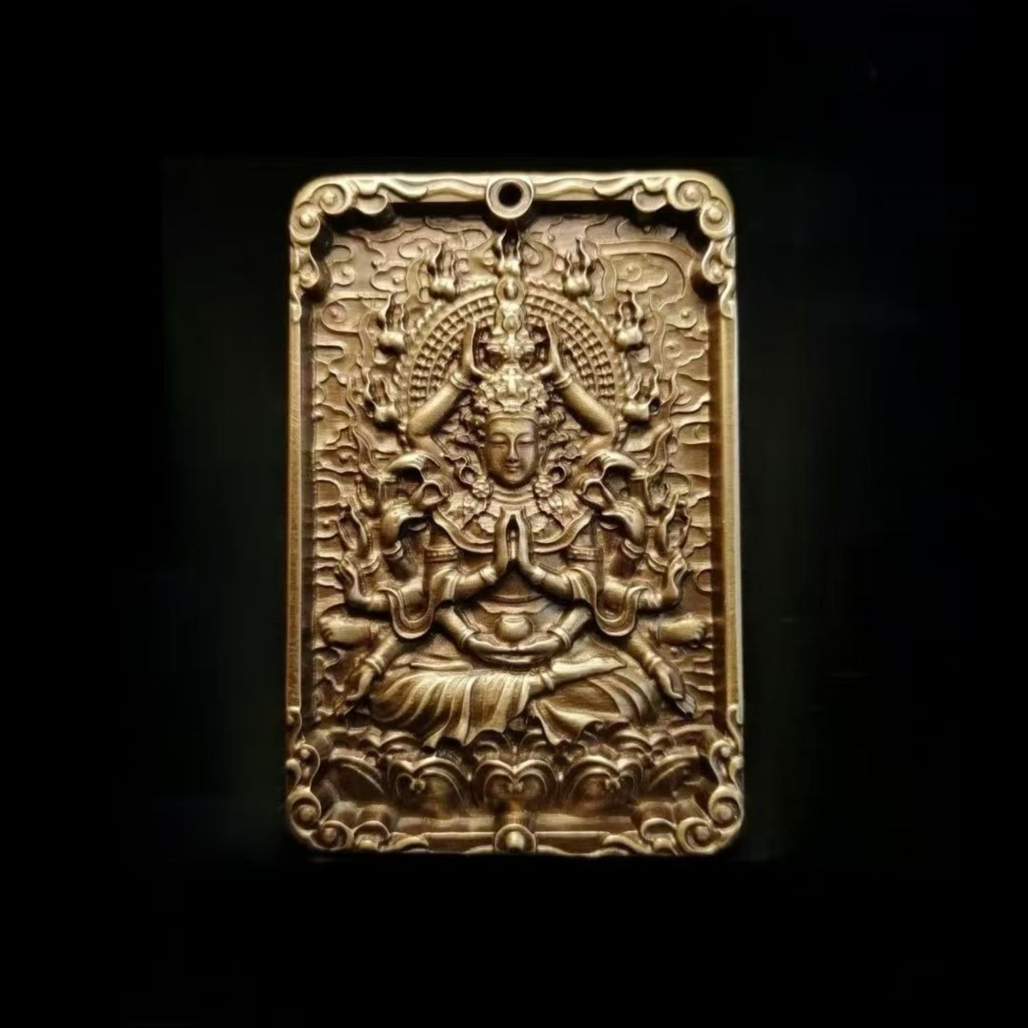 Tibetan Brass Thousand-Armed Guanyin Bodhisattva (Avalokiteshvara) Amulet Pendant Necklace