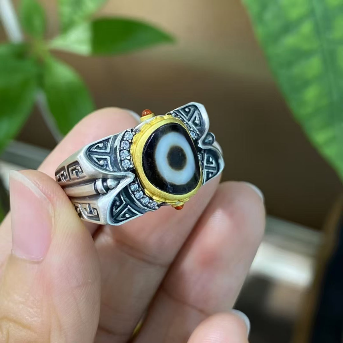 Tibetan Bronze Sigil Dzi Silver Ring