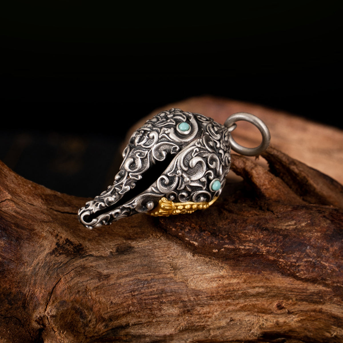 Tibetan Buddhist Conch Turquoise Sterling Silver Pendant