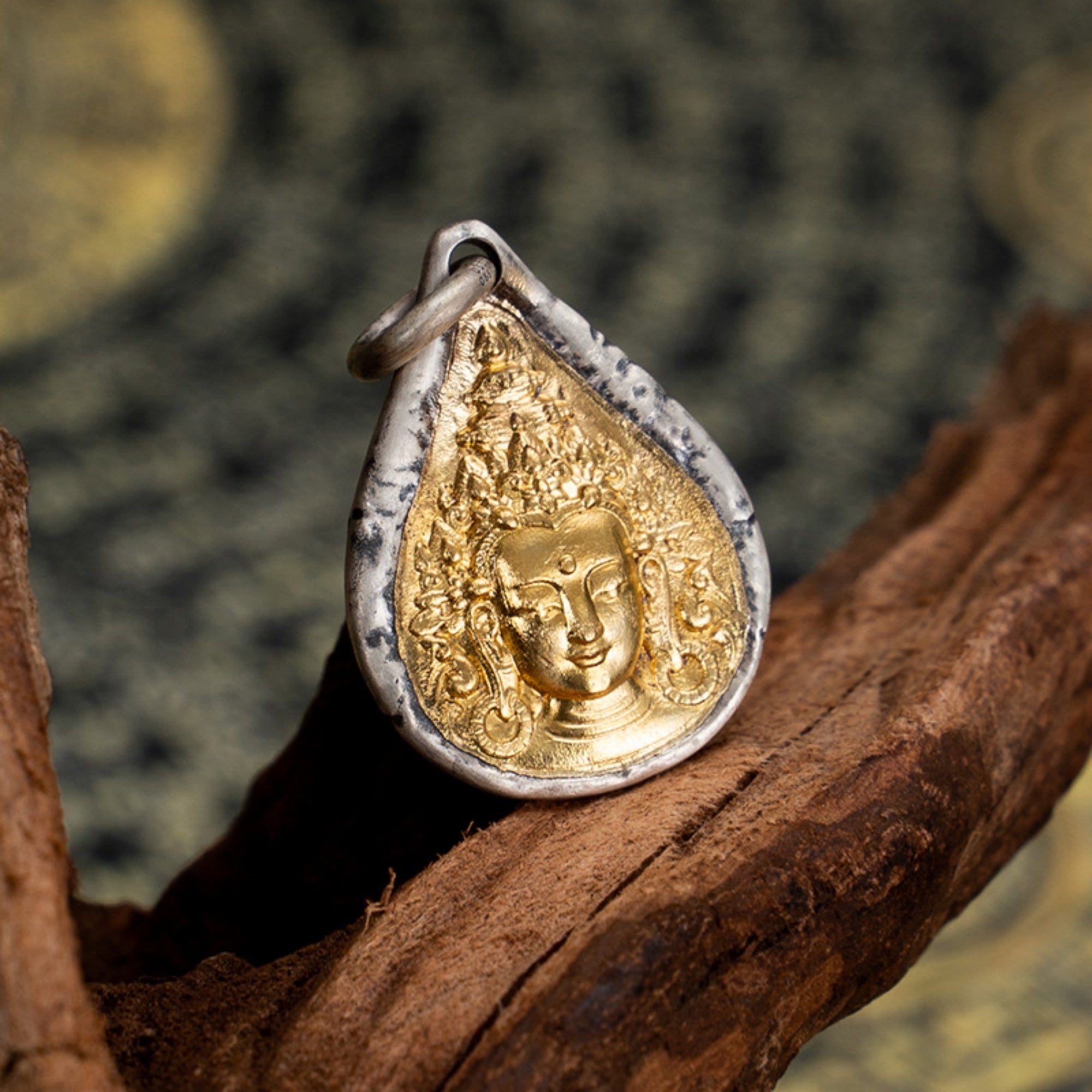 Tibetan Buddhist Green Tara's Tear Gold and Silver Pendant