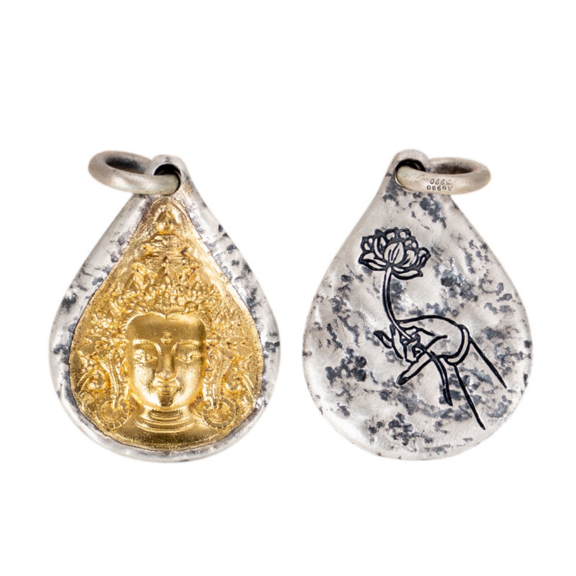 Tibetan Buddhist Green Tara's Tear Gold and Silver Pendant